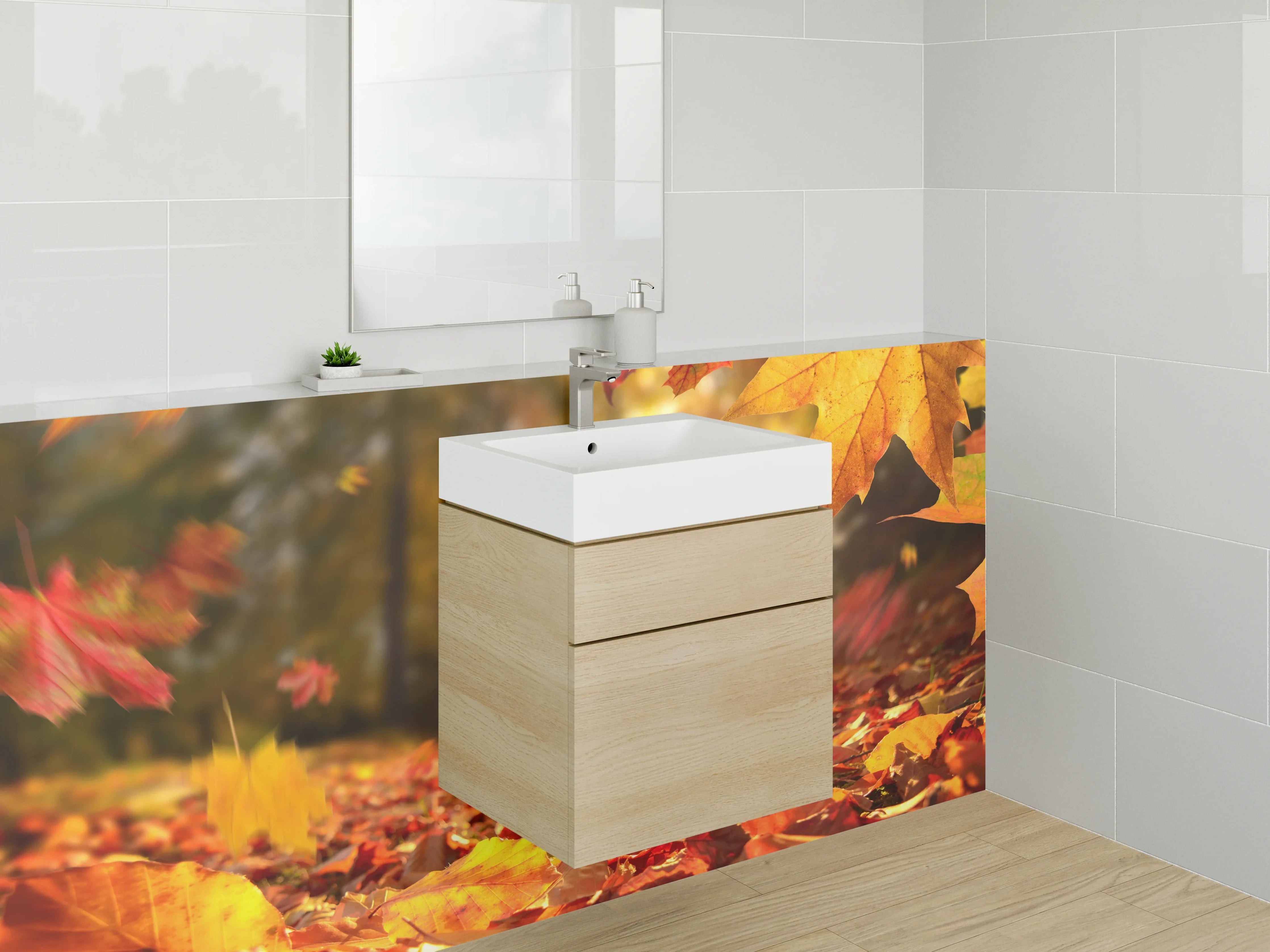 Waschbecken-Rückwand - Goldener Herbstlaub Boden Sonnenlicht