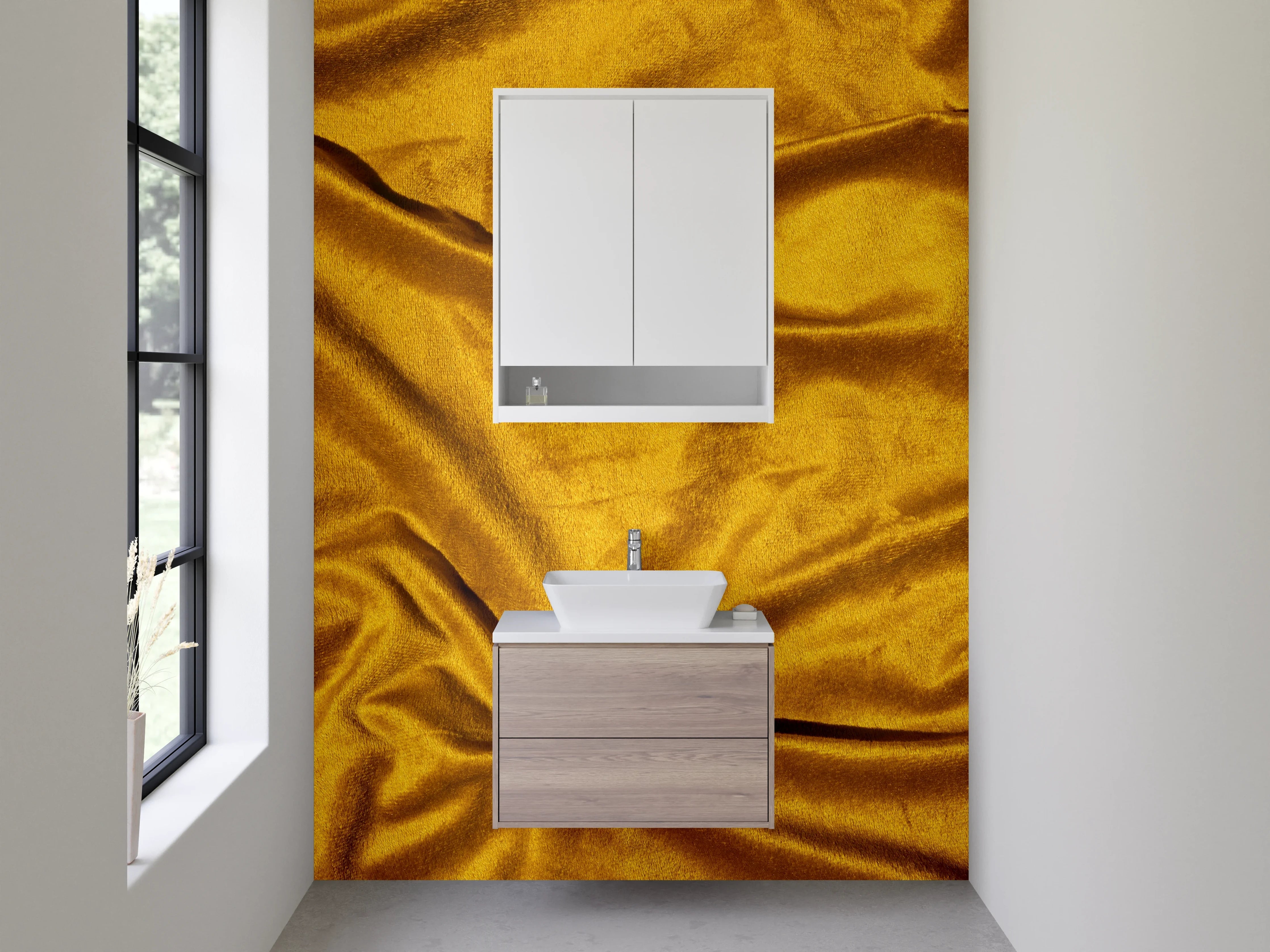 Waschbecken-Rückwand - Goldener Samtstoff – Eleganz und Luxus