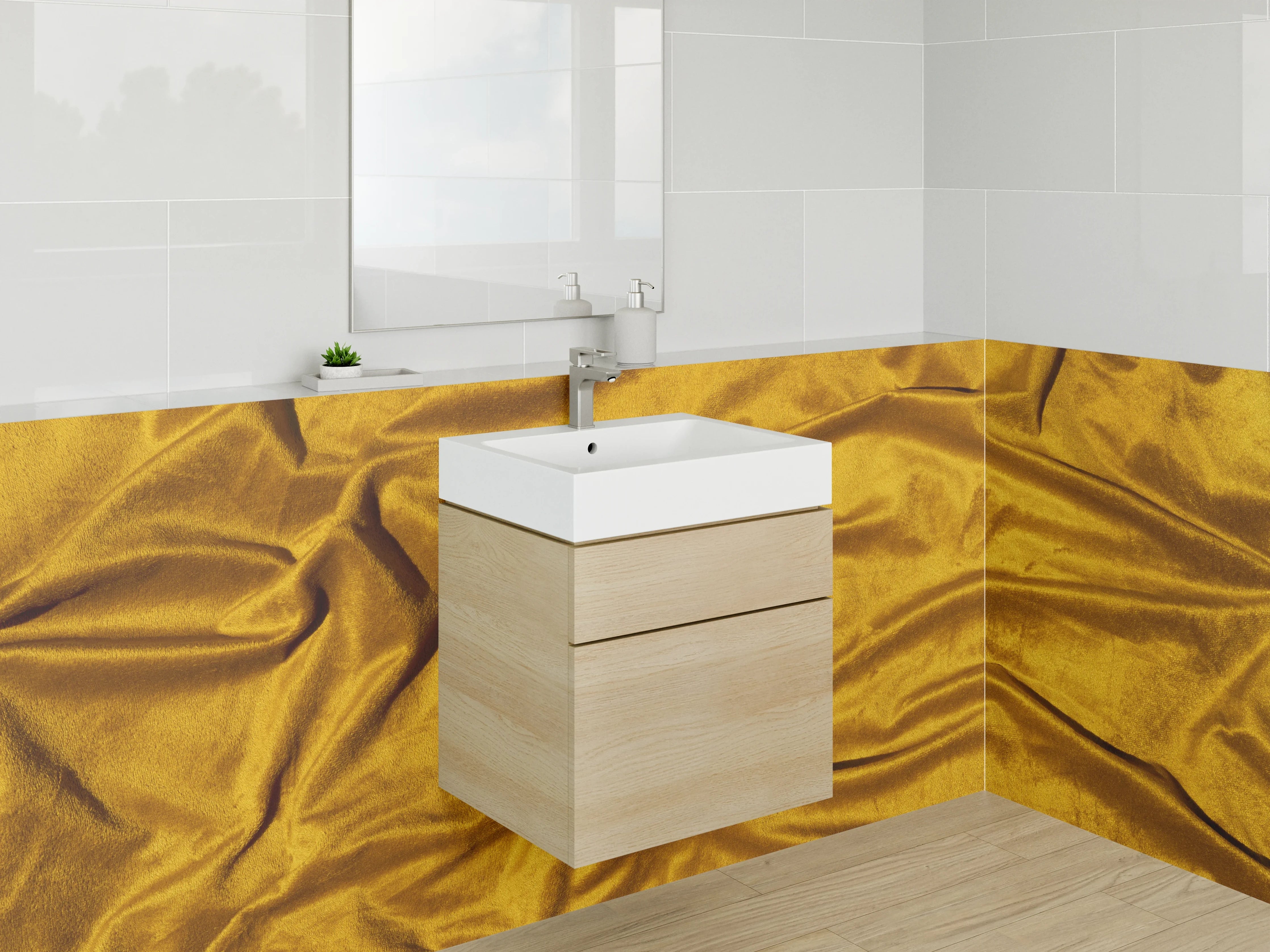 Waschbecken-Rückwand - Goldener Samtstoff – Eleganz und Luxus