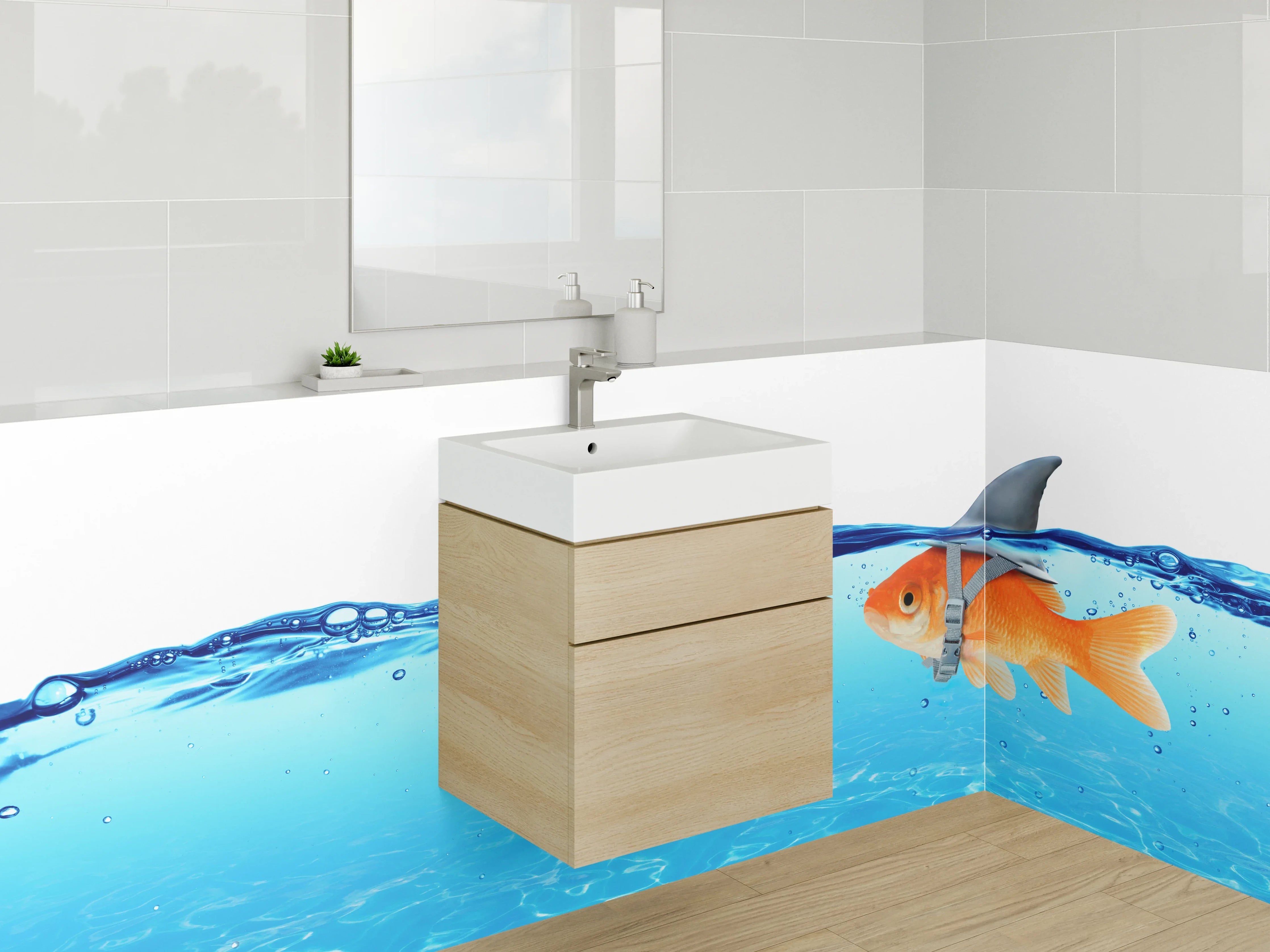Waschbecken-Rückwand - Goldfisch mit Haiflosse witzig Wasser