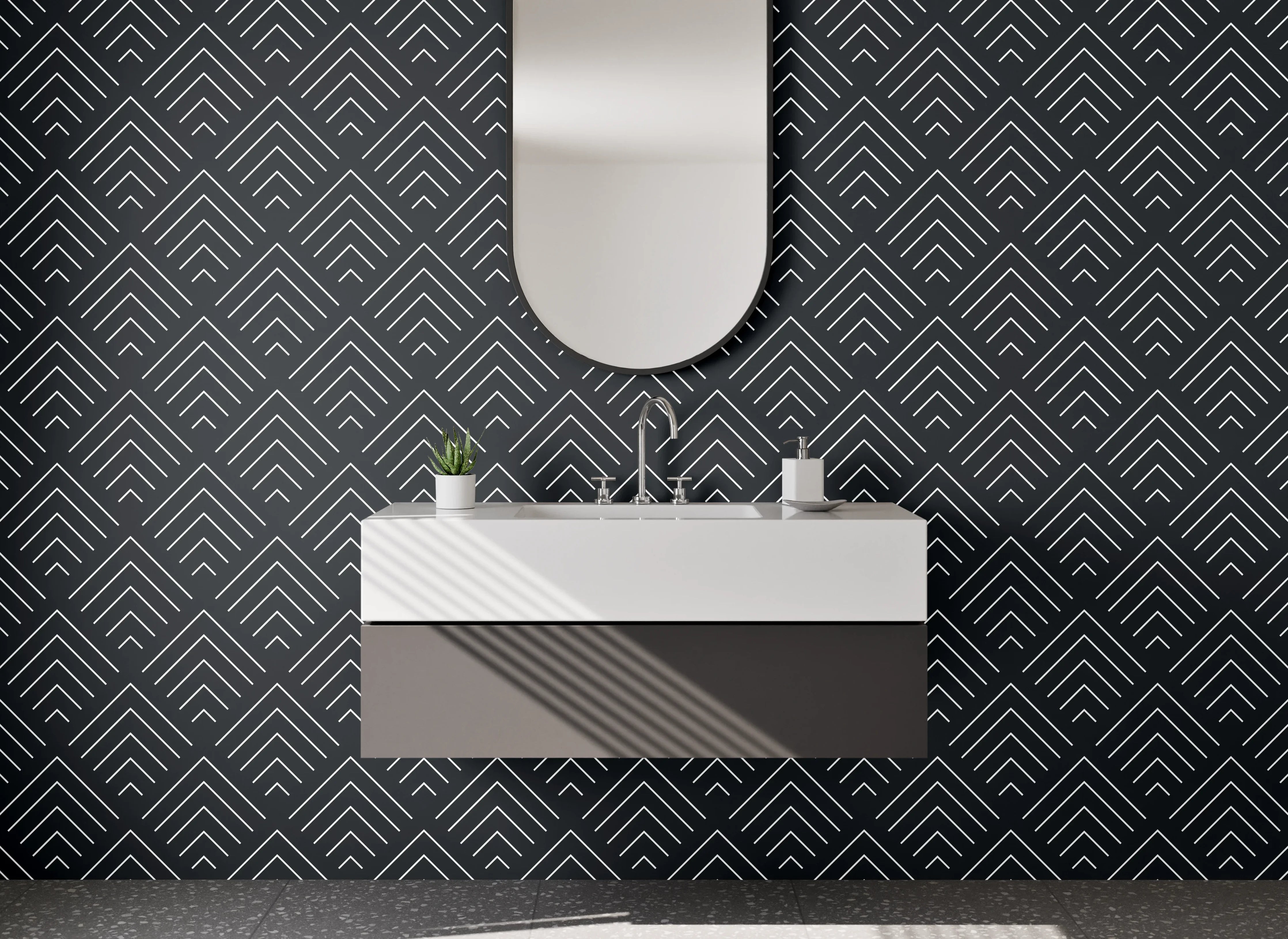 Waschbecken-Rückwand - Grafisches Art Deco Muster Schwarz Weiß