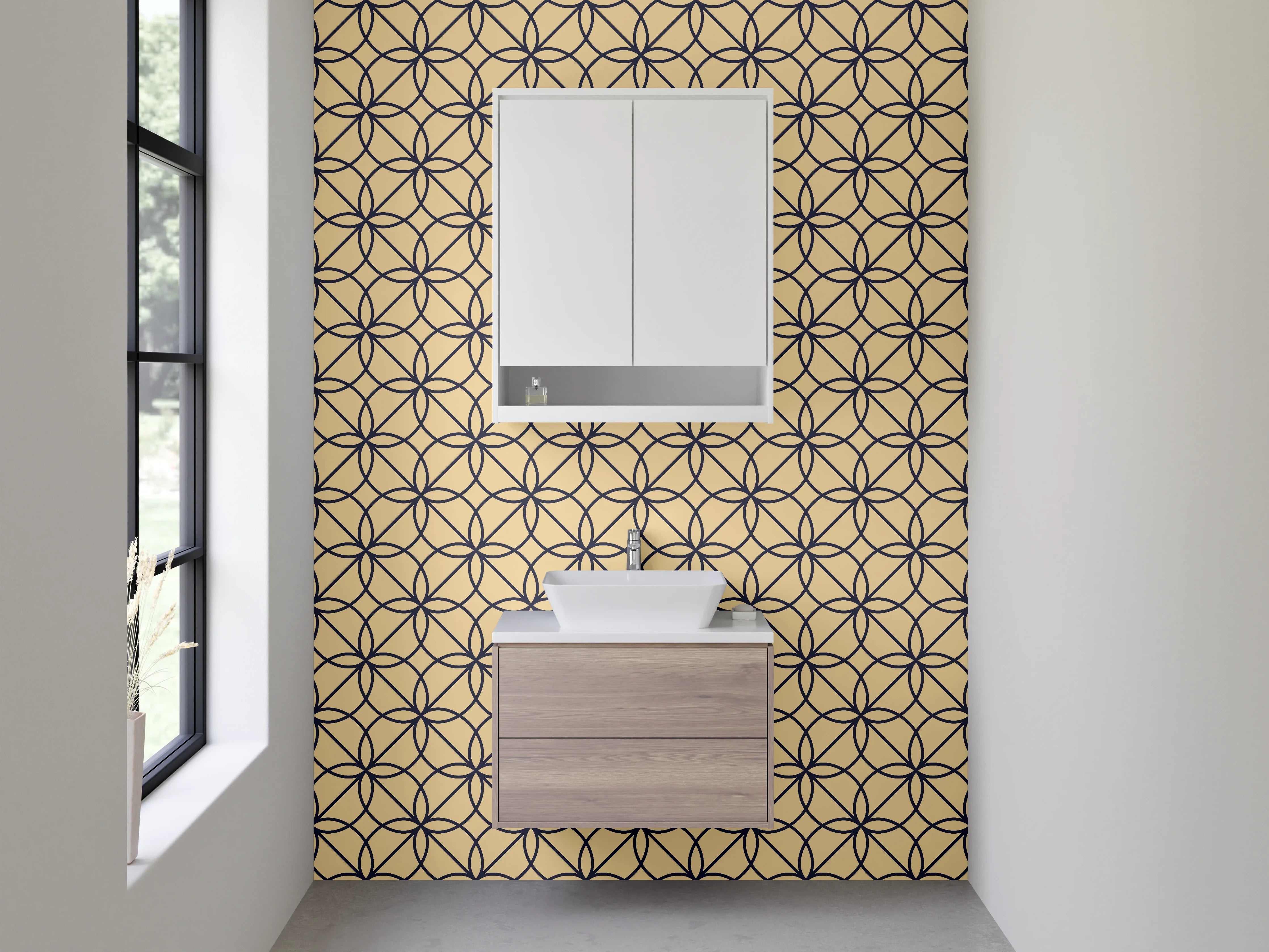 Waschbecken-Rückwand - Grafisches Kreislinien-Muster, Beige & Schwarz