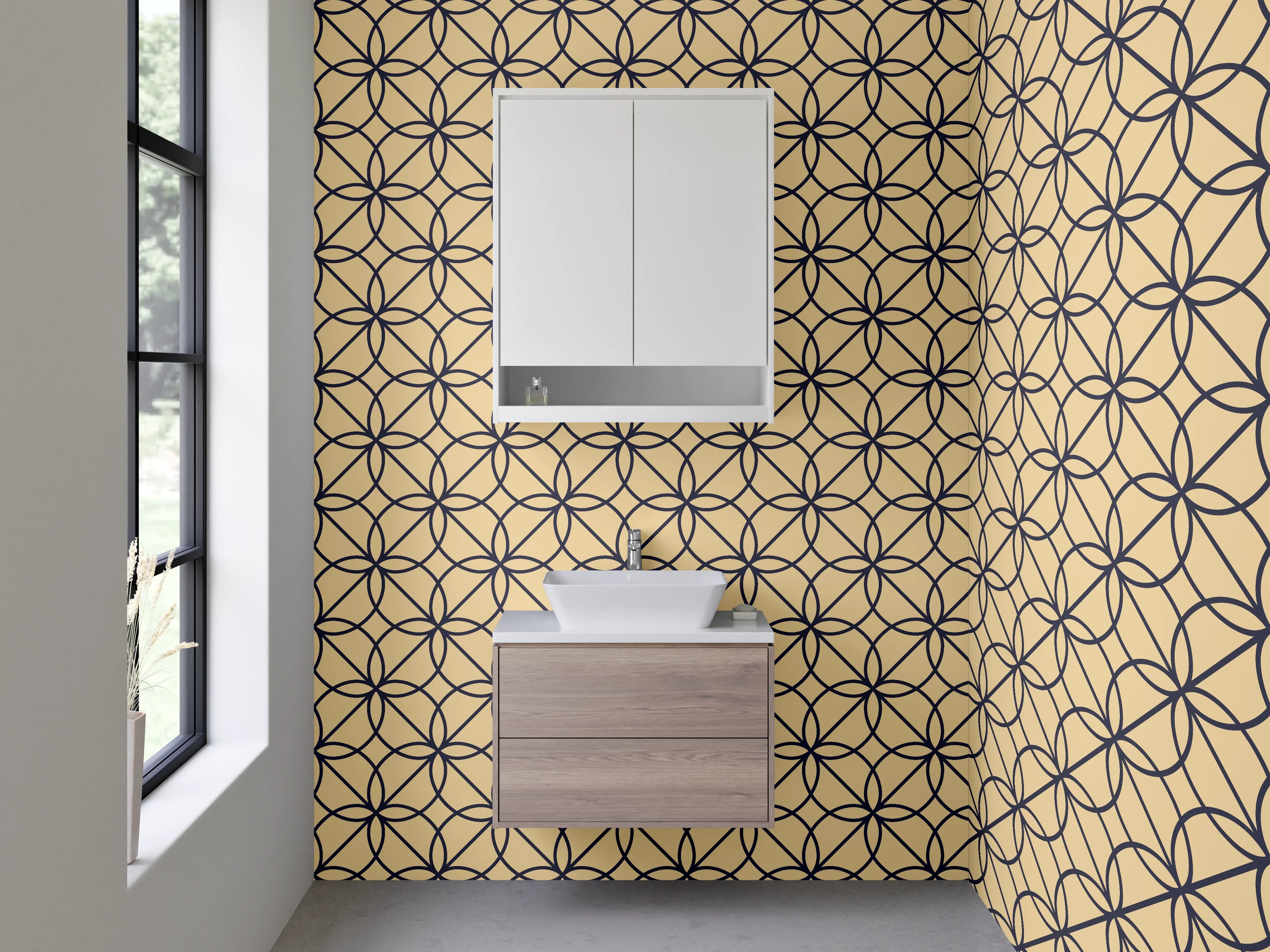 Waschbecken-Rückwand - Grafisches Kreislinien-Muster, Beige & Schwarz