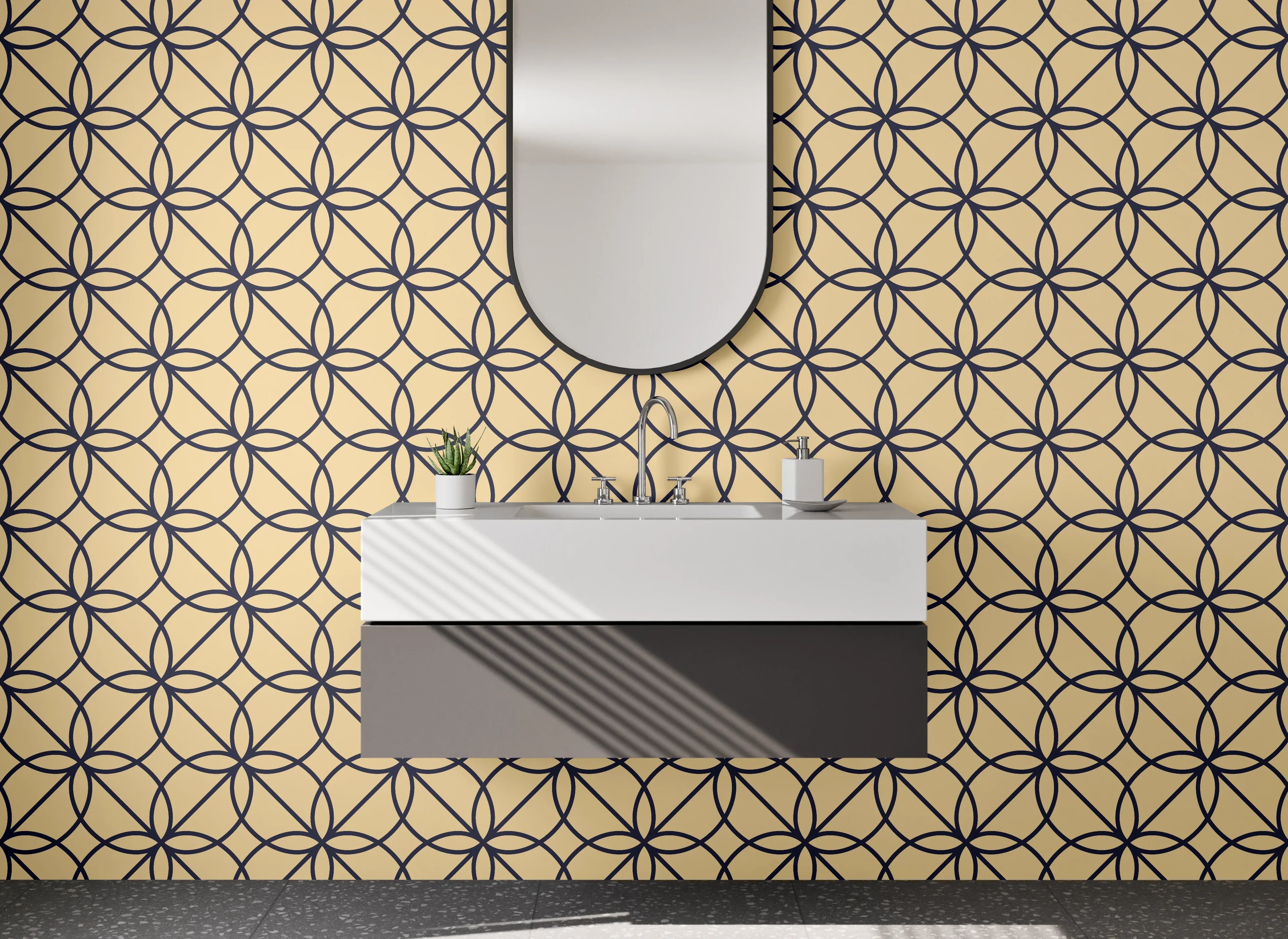 Waschbecken-Rückwand - Grafisches Kreislinien-Muster, Beige & Schwarz