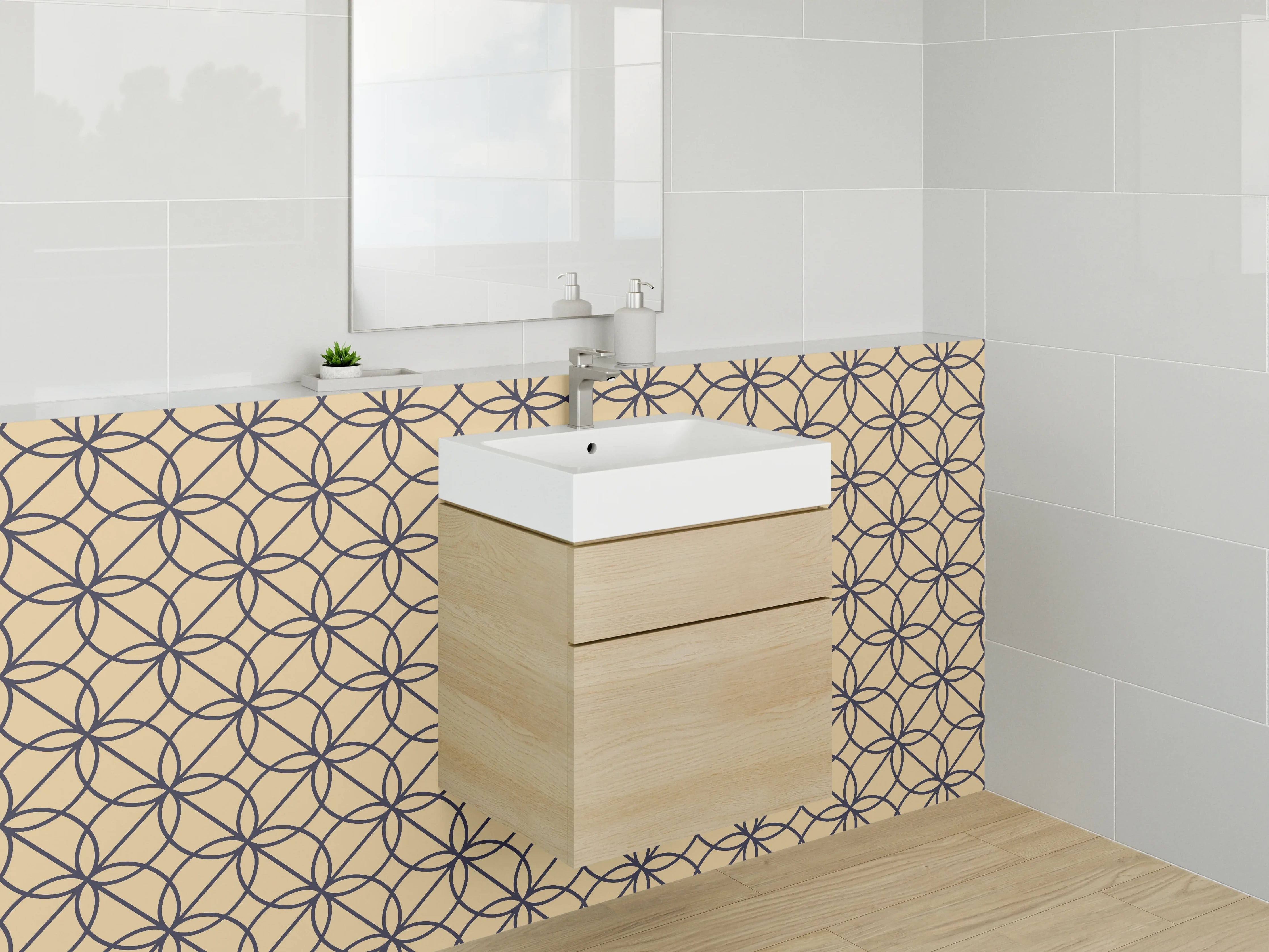 Waschbecken-Rückwand - Grafisches Kreislinien-Muster, Beige & Schwarz