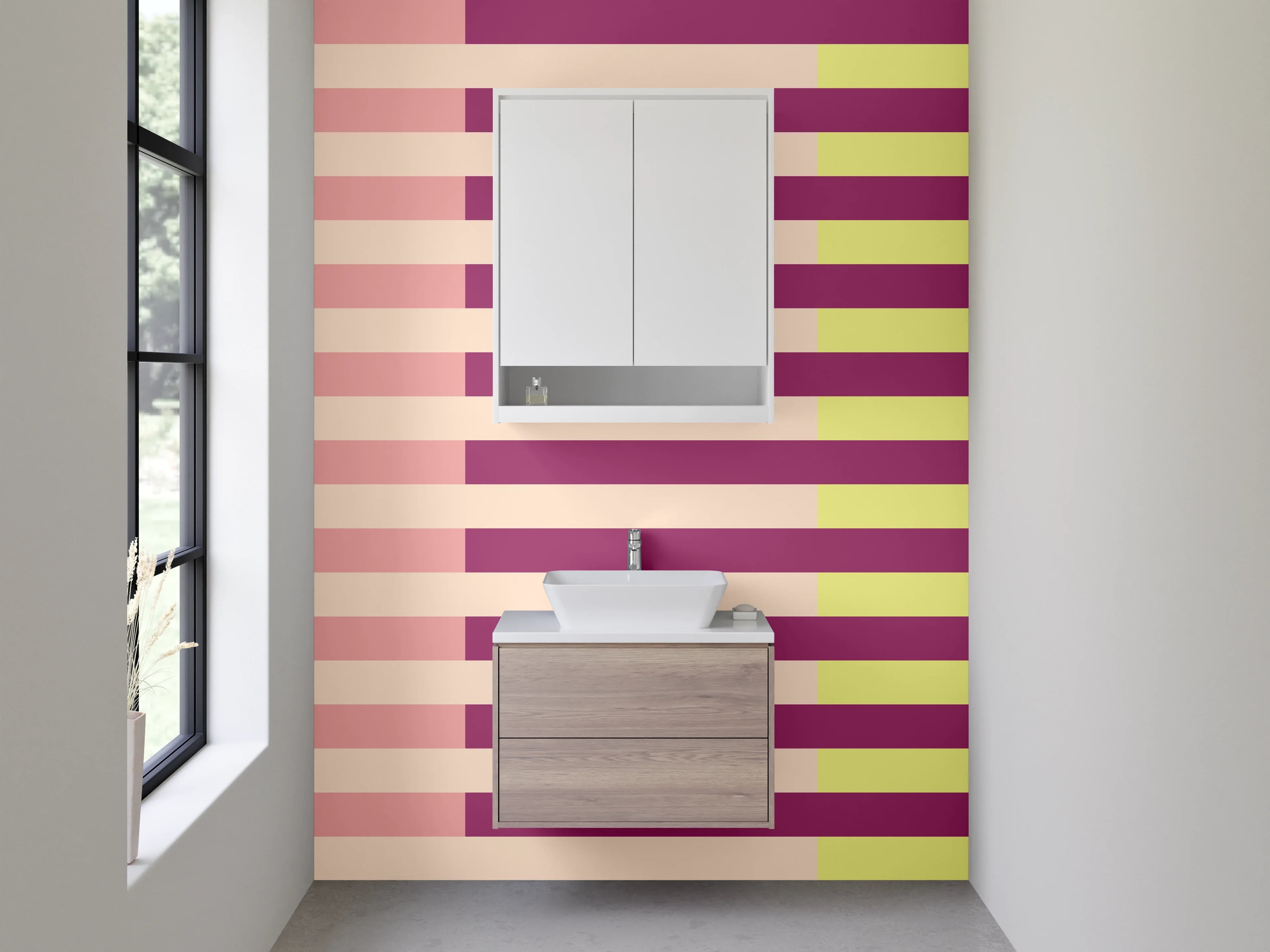Waschbecken-Rückwand - Grafisches Retro-Streifenmuster Rosa Gelb Lila