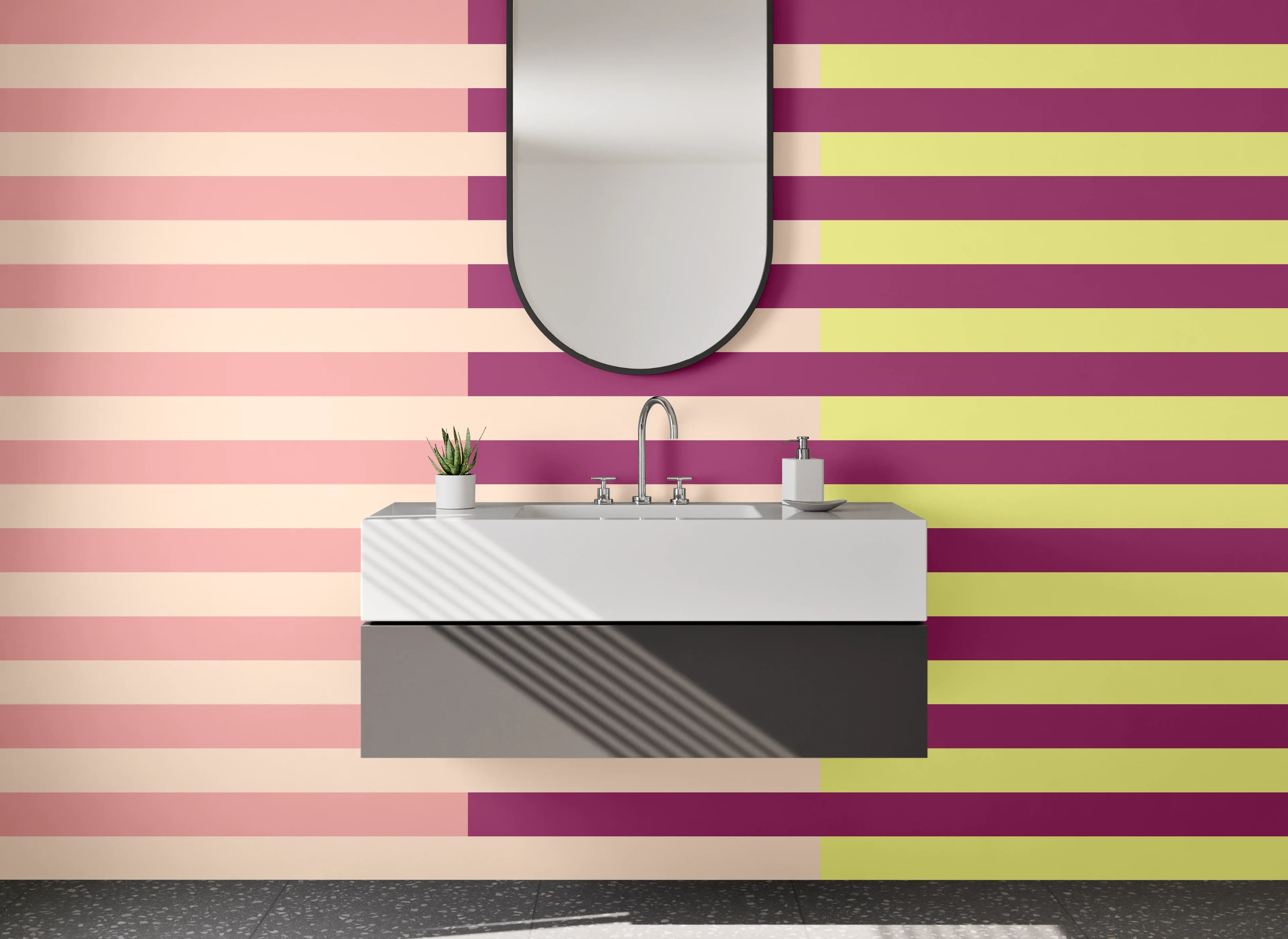 Waschbecken-Rückwand - Grafisches Retro-Streifenmuster Rosa Gelb Lila