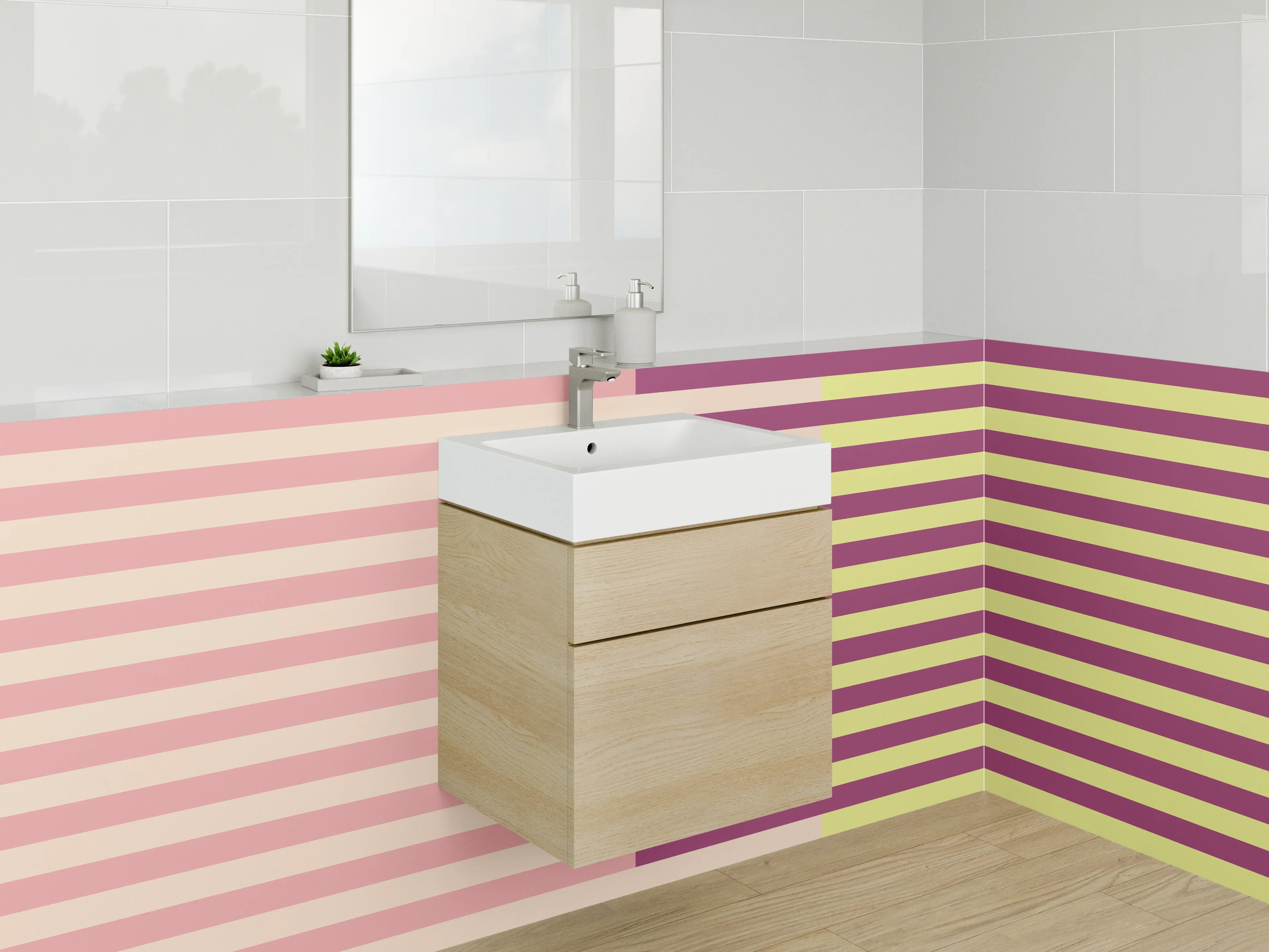 Waschbecken-Rückwand - Grafisches Retro-Streifenmuster Rosa Gelb Lila