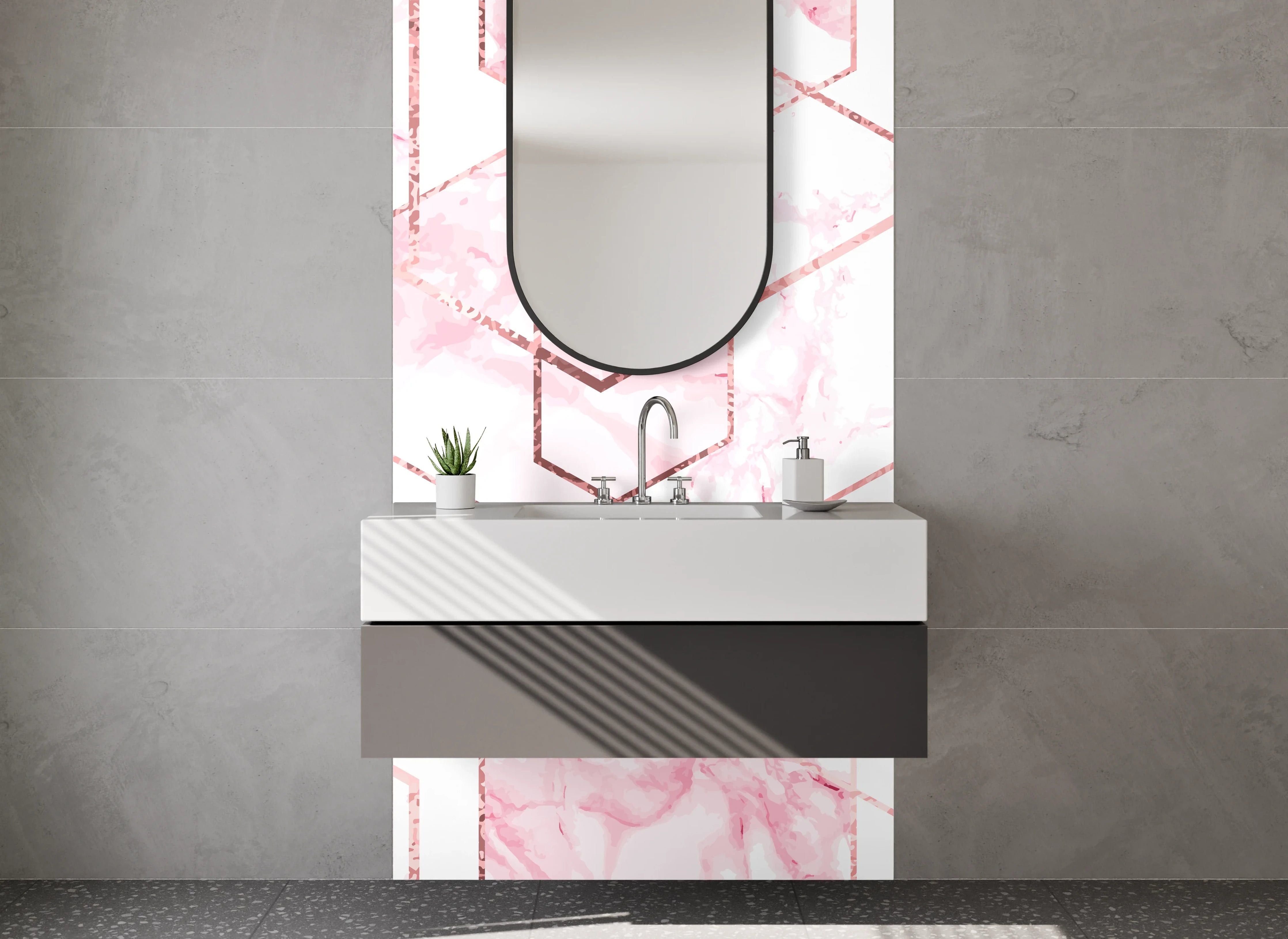 Waschbecken-Rückwand - Grau-Weiße Marmor Hexagon Eleganz