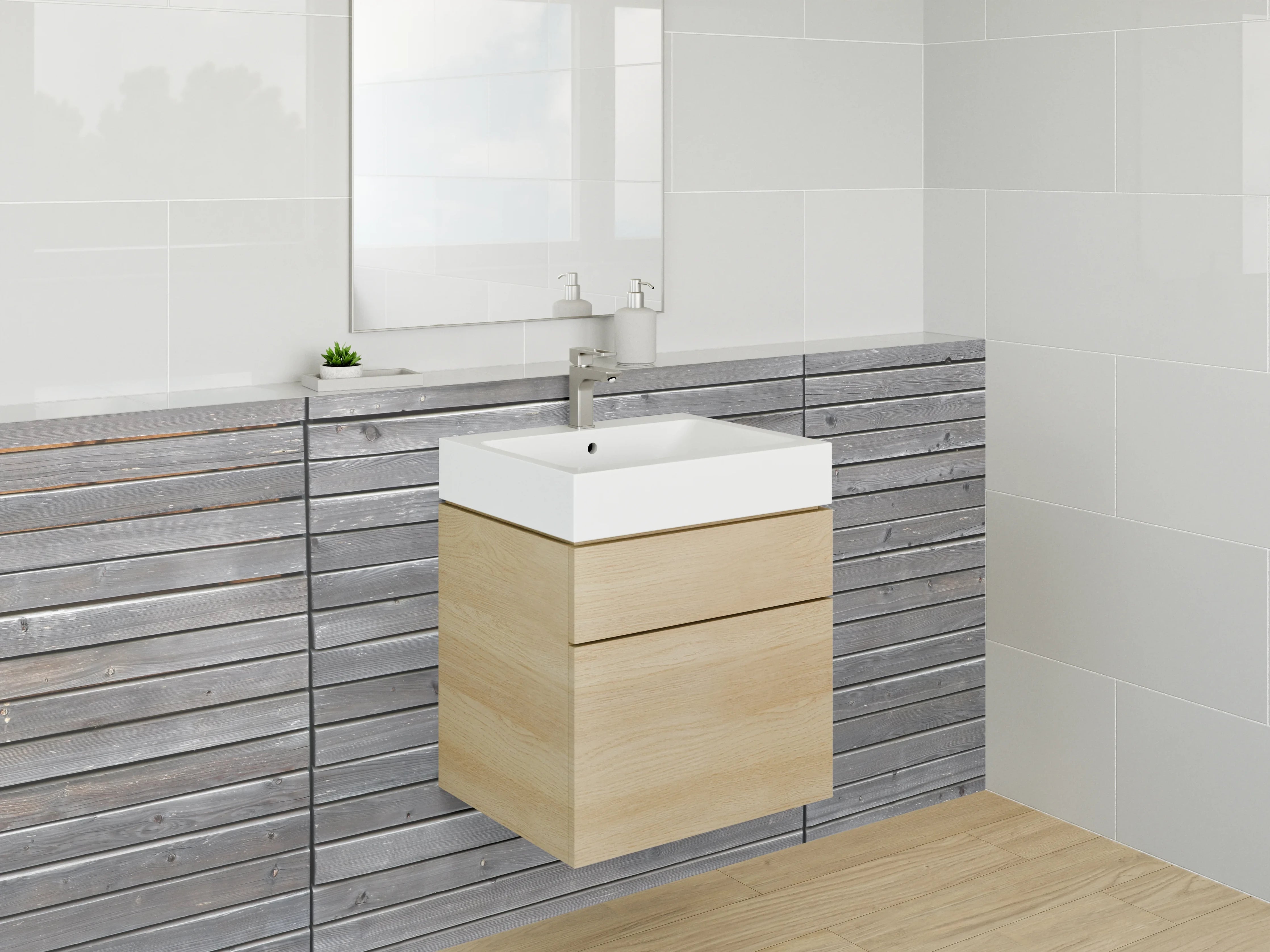 Waschbecken-Rückwand - Grau-braune Holzlamellen mit strukturierter Oberfläche