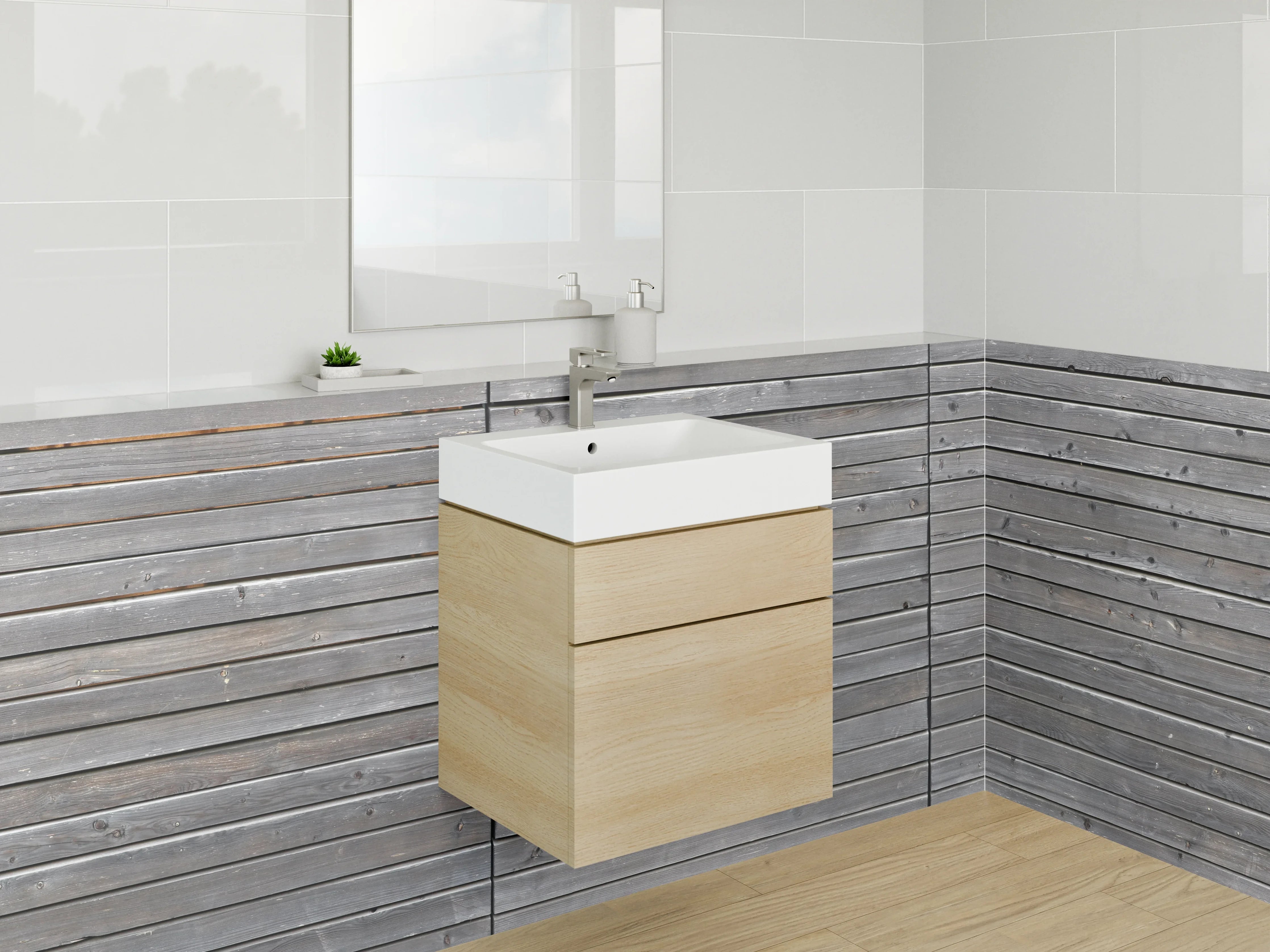 Waschbecken-Rückwand - Grau-braune Holzlamellen mit strukturierter Oberfläche