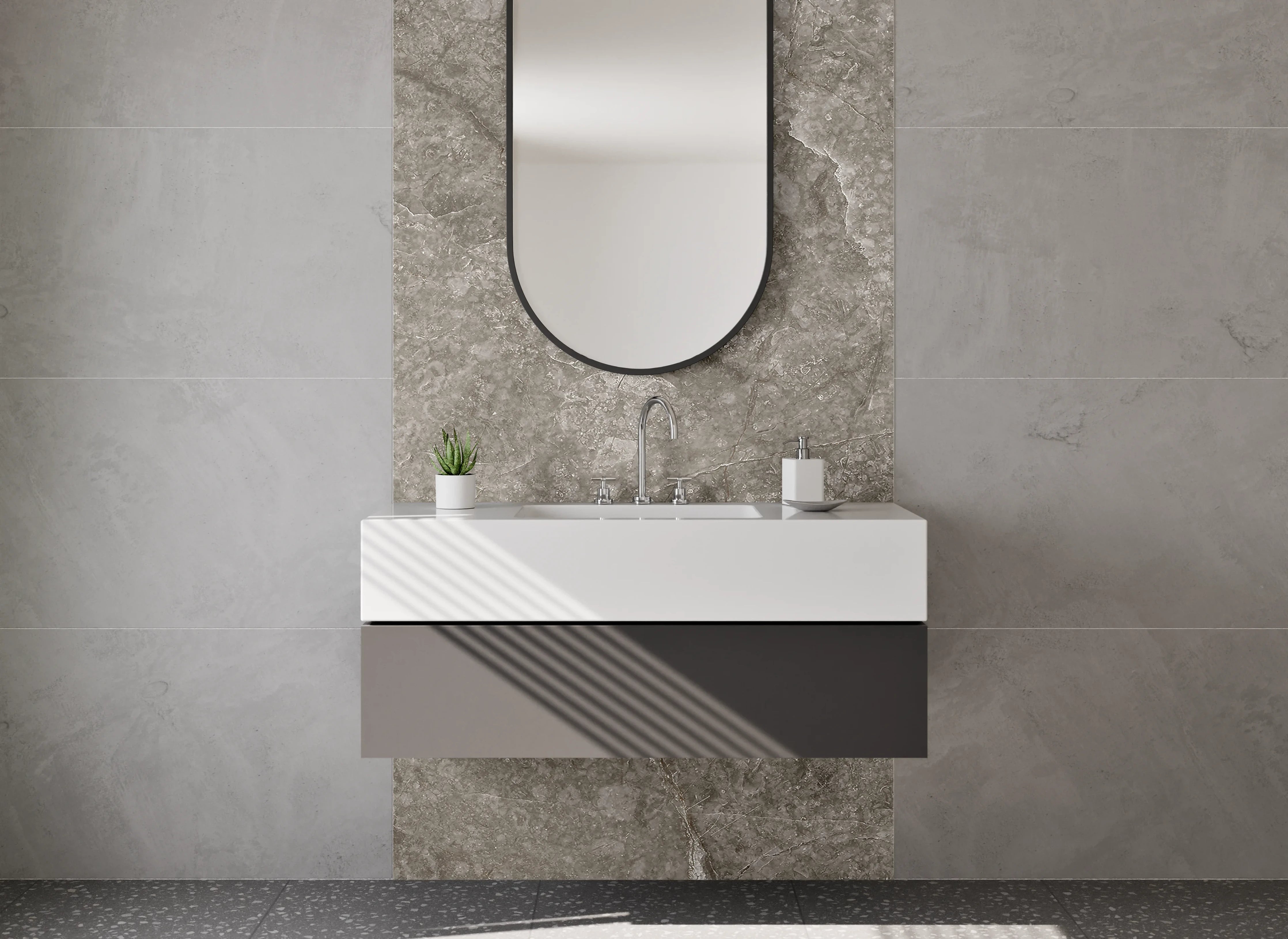 Waschbecken-Rückwand - Grau marmorierte Steinoptik