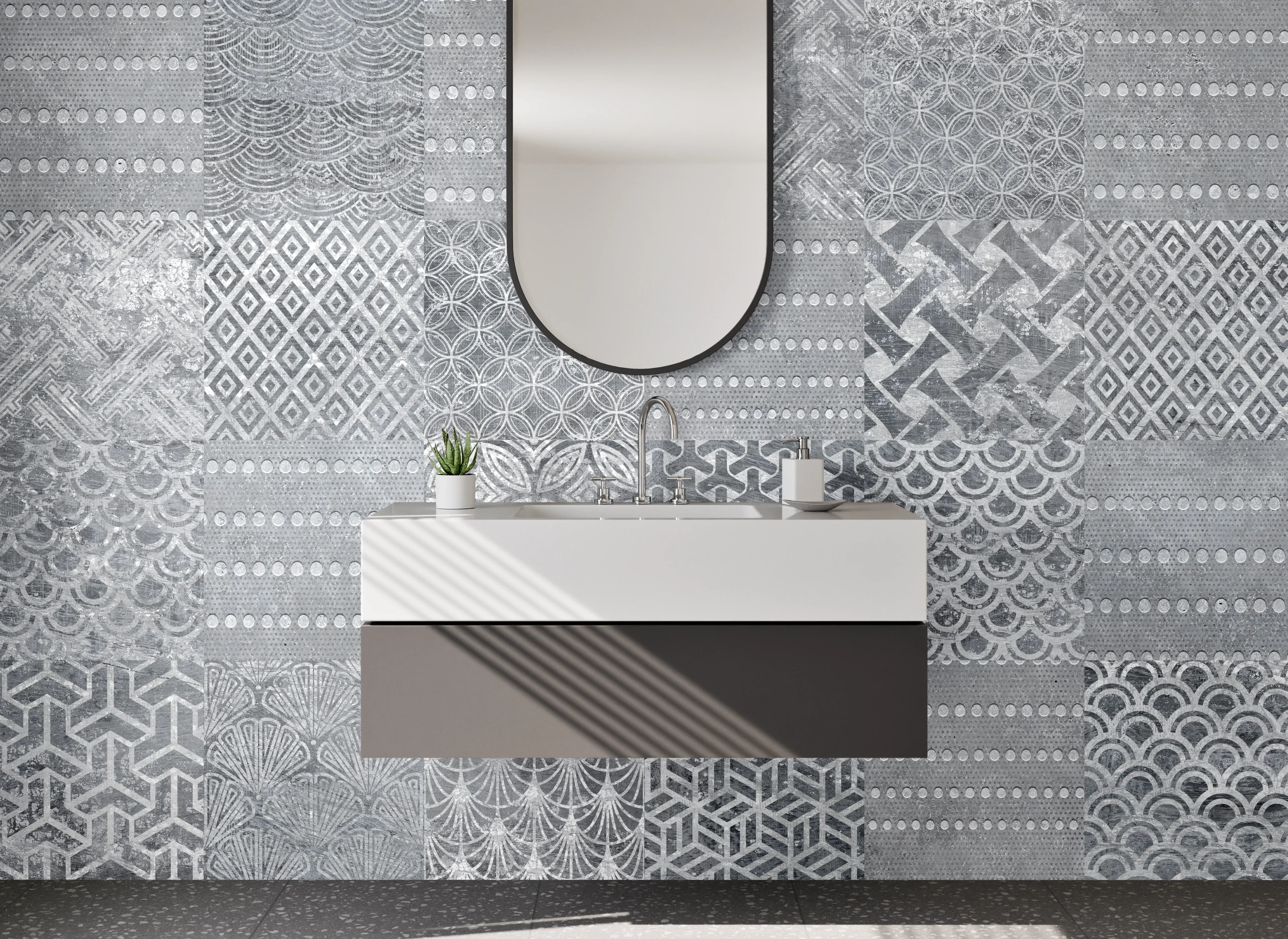 Waschbecken-Rückwand - Grau-weiße Patchwork Mosaik Fliesen