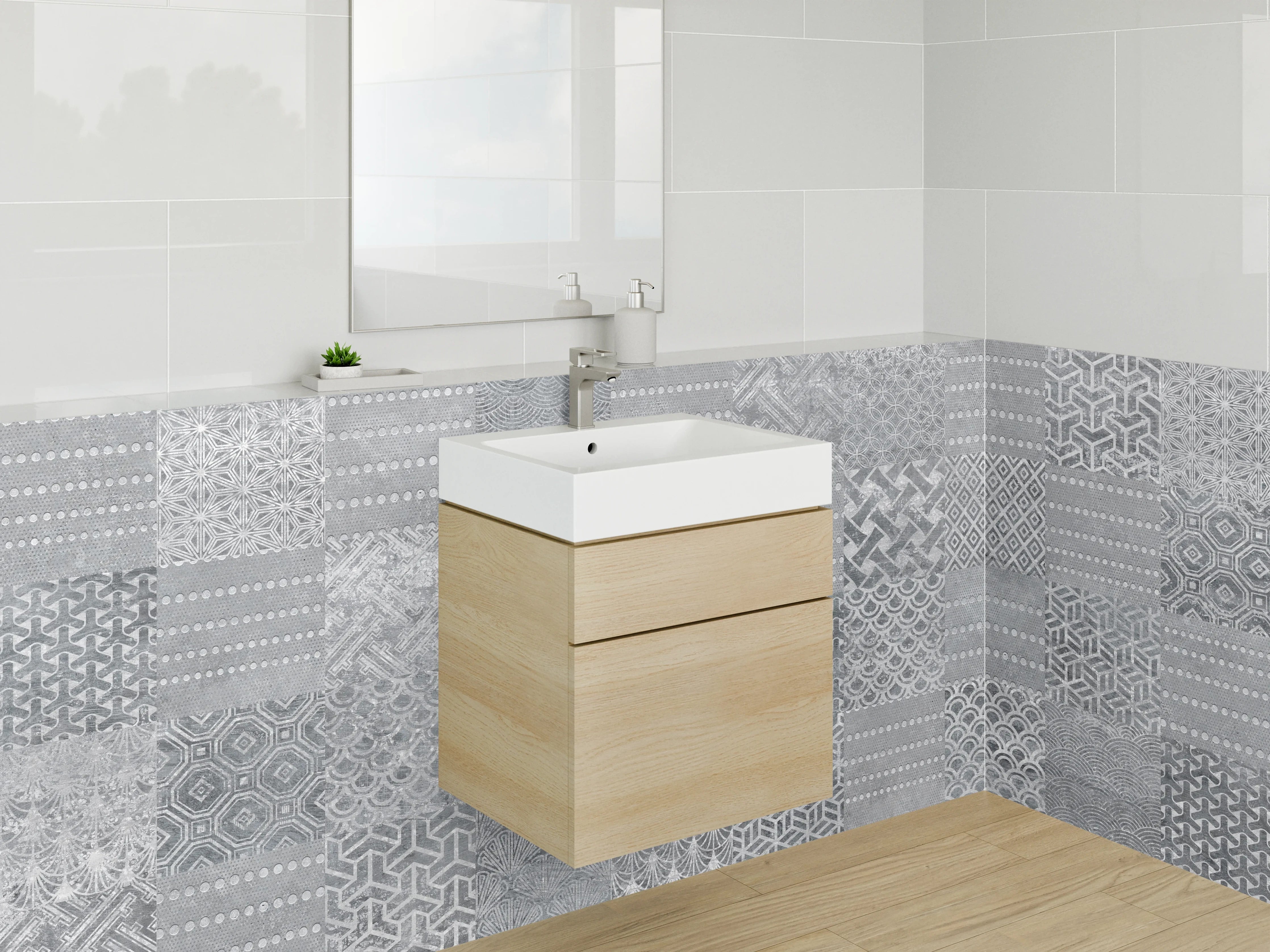 Waschbecken-Rückwand - Grau-weiße Patchwork Mosaik Fliesen