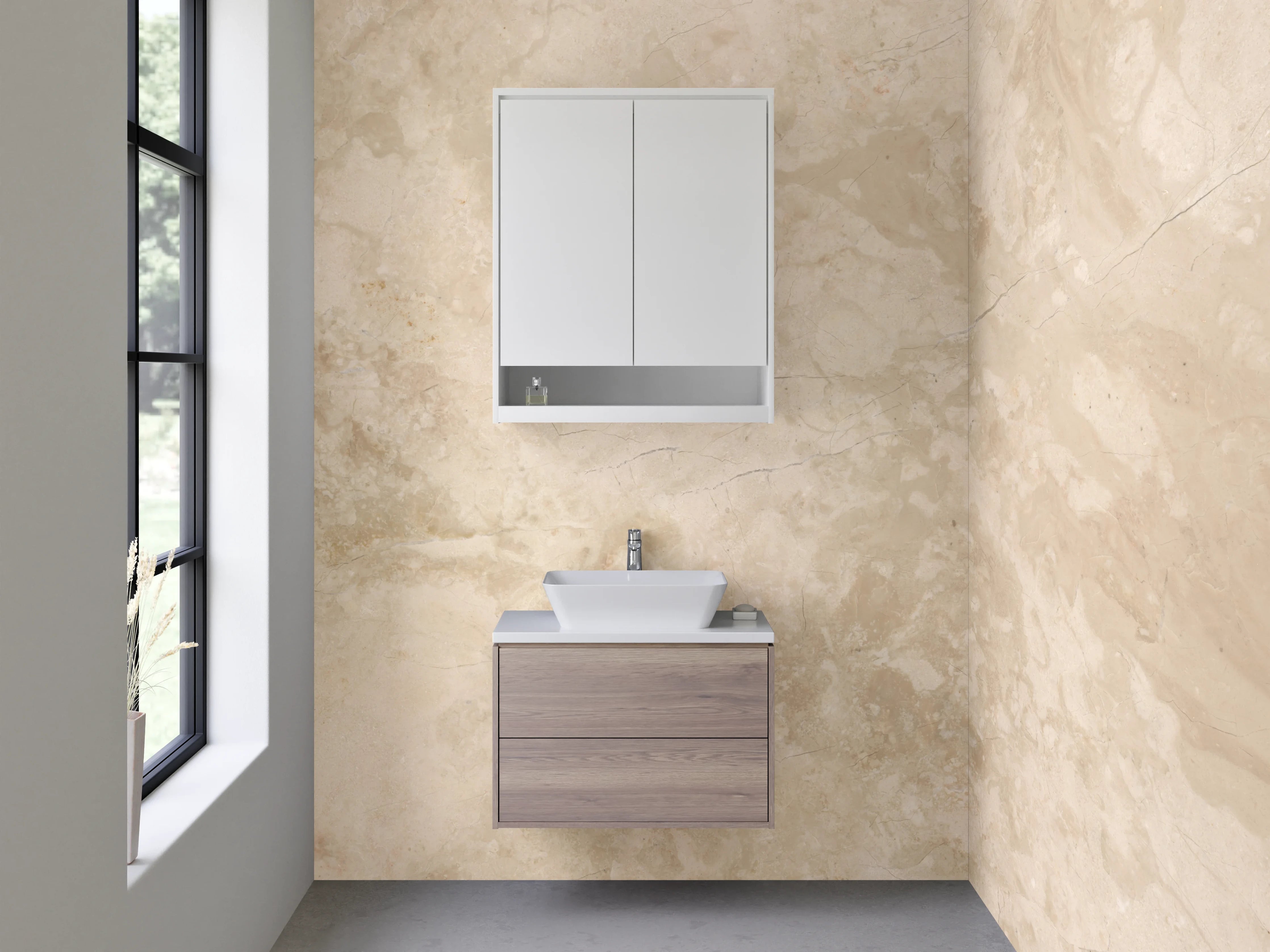 Waschbecken-Rückwand - Graubeige Marmorfliese mit Weißakzenten