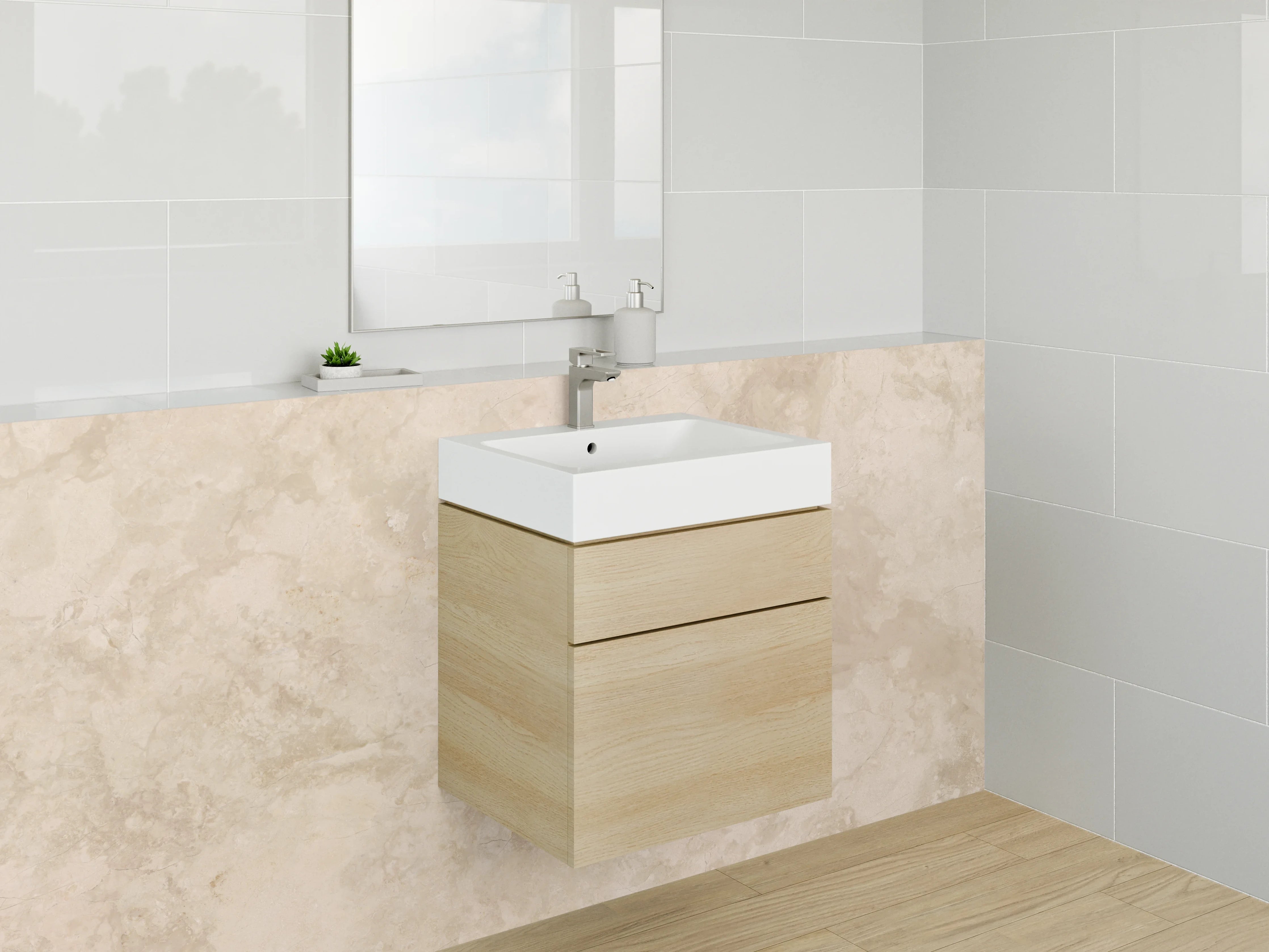 Waschbecken-Rückwand - Graubeige Marmorfliese mit Weißakzenten