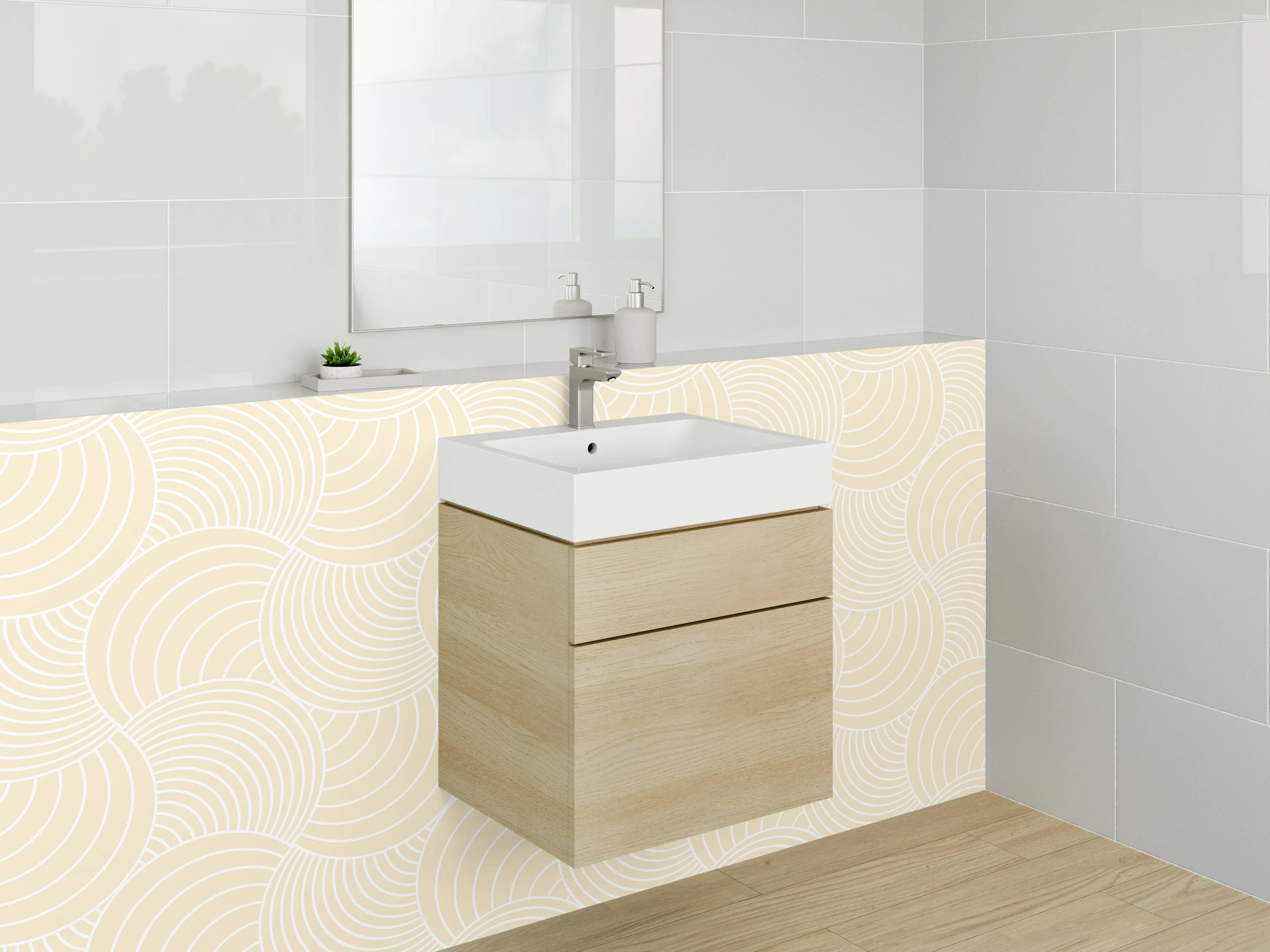 Waschbecken-Rückwand - Graubeige Retro Tapete mit Wellenornament
