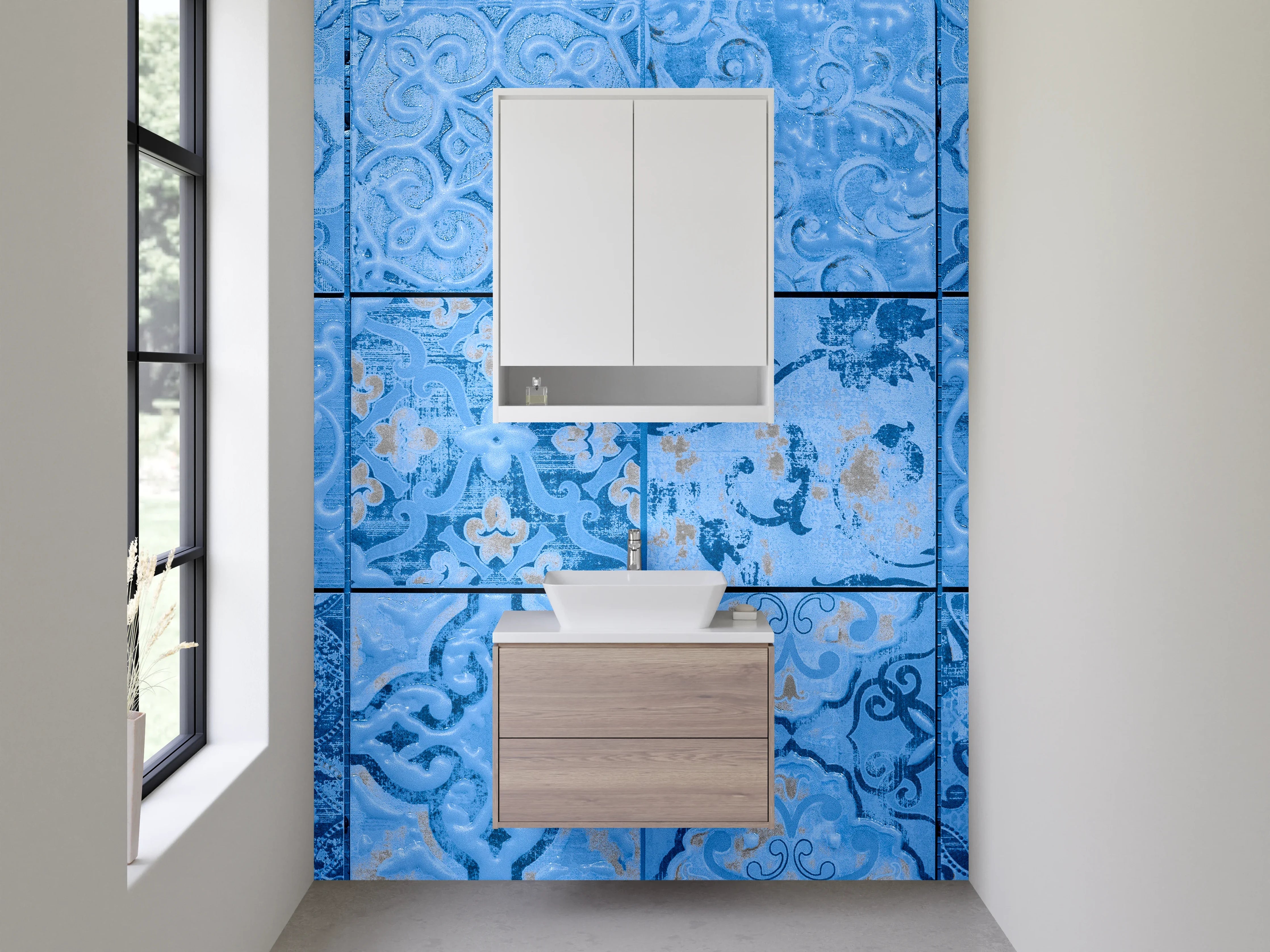 Waschbecken-Rückwand - Graublaue Retro-Fliesen mit weißen Mustern