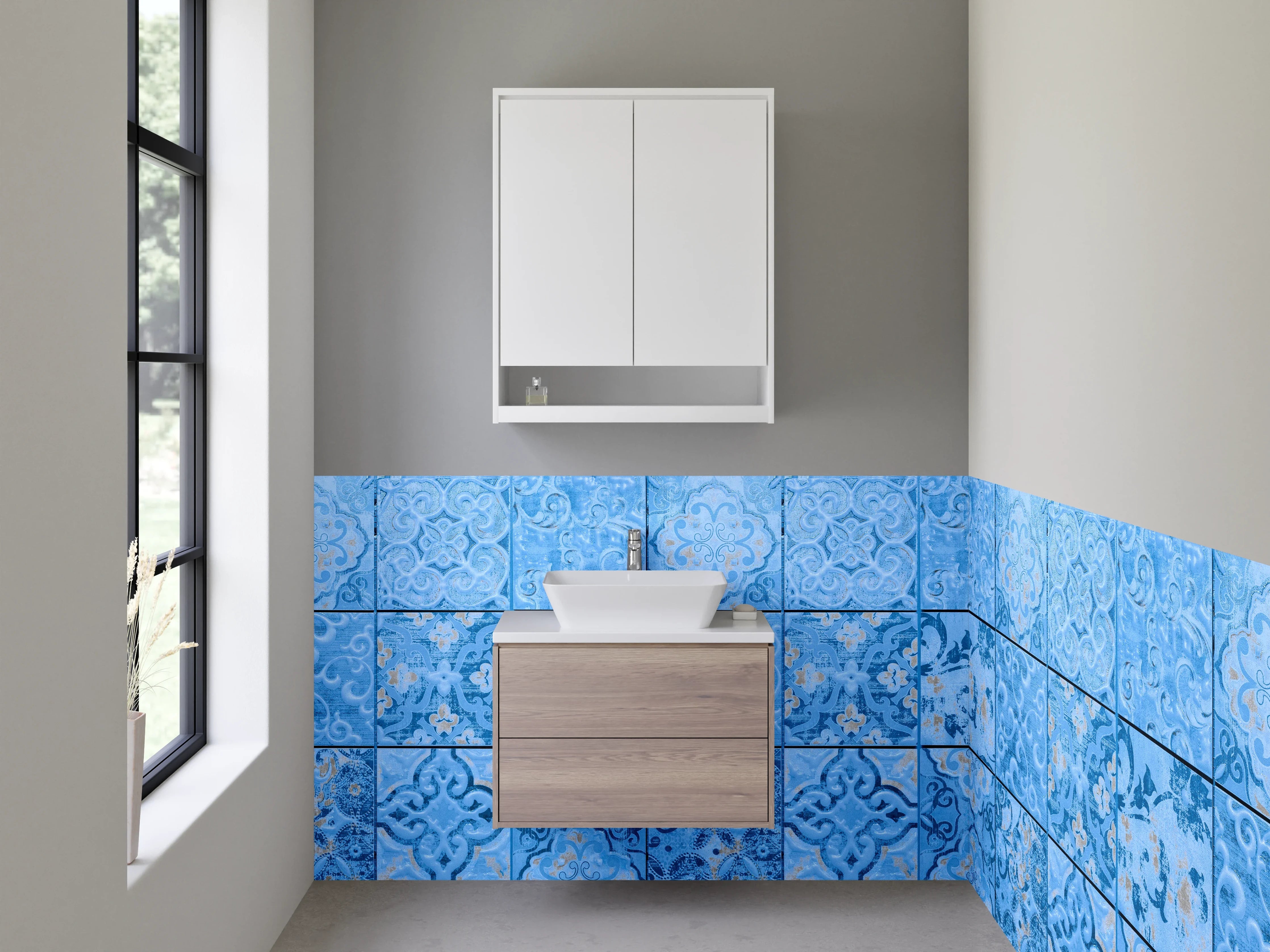 Waschbecken-Rückwand - Graublaue Retro-Fliesen mit weißen Mustern