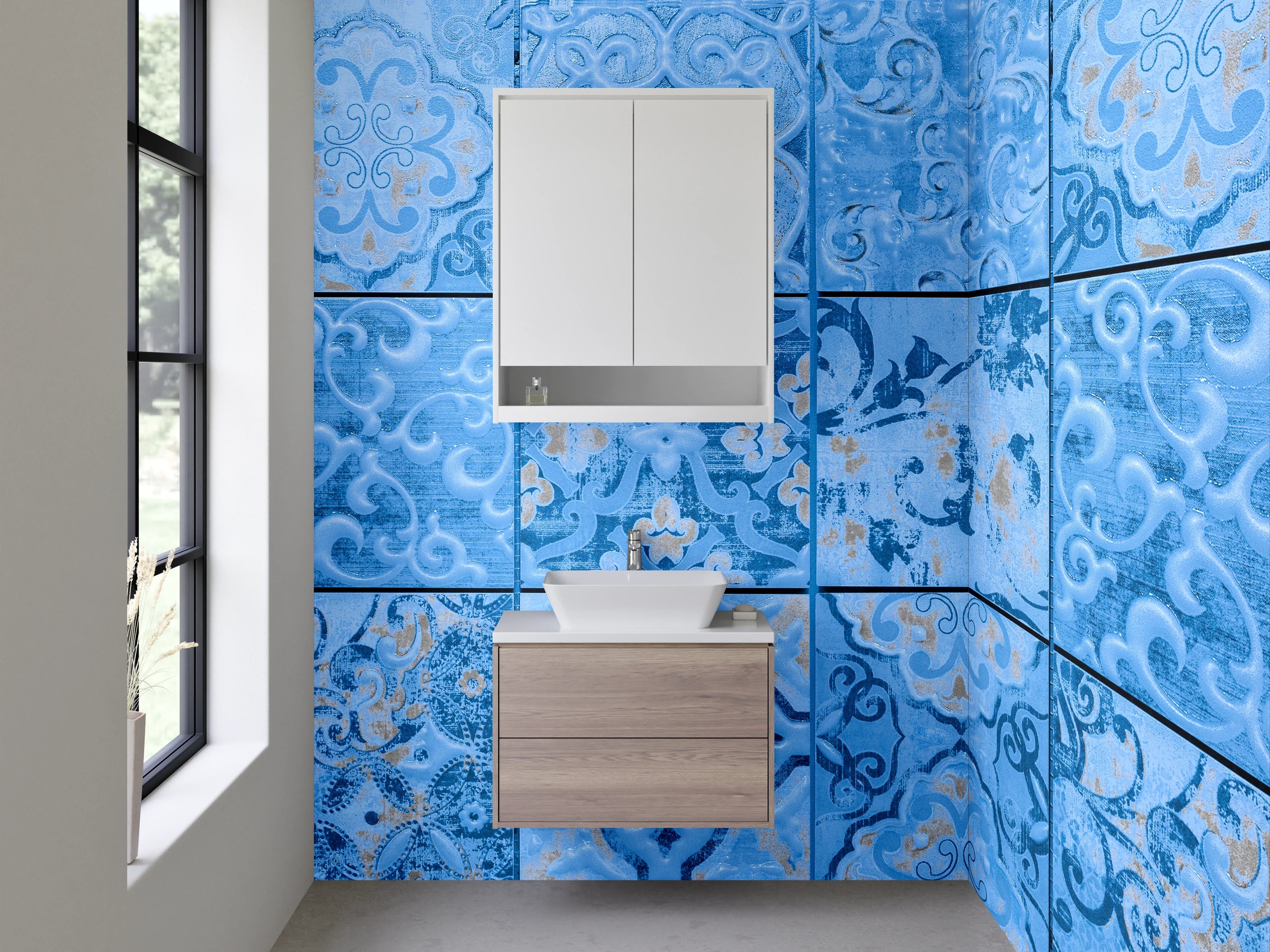 Waschbecken-Rückwand - Graublaue Retro-Fliesen mit weißen Mustern
