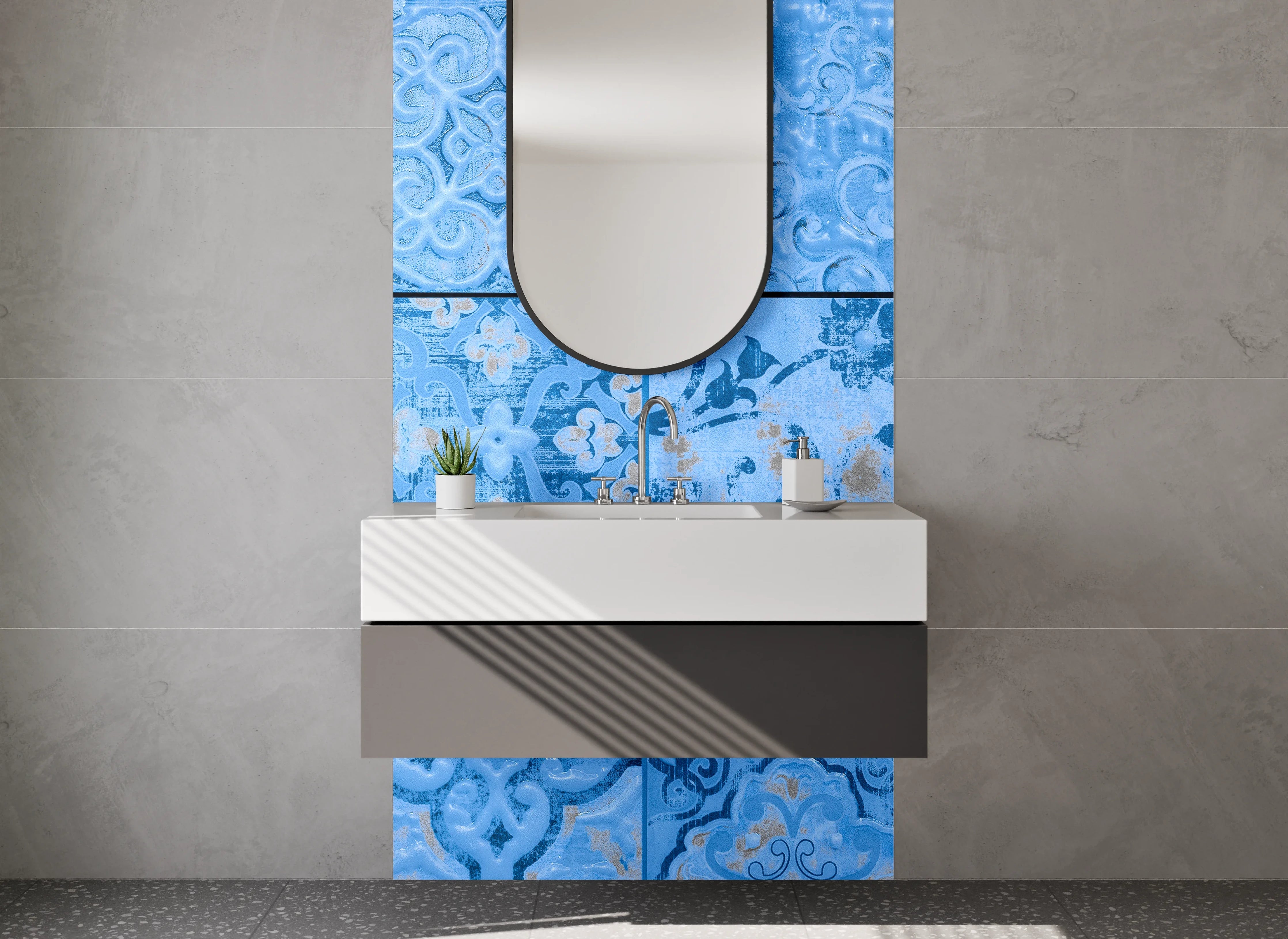 Waschbecken-Rückwand - Graublaue Retro-Fliesen mit weißen Mustern