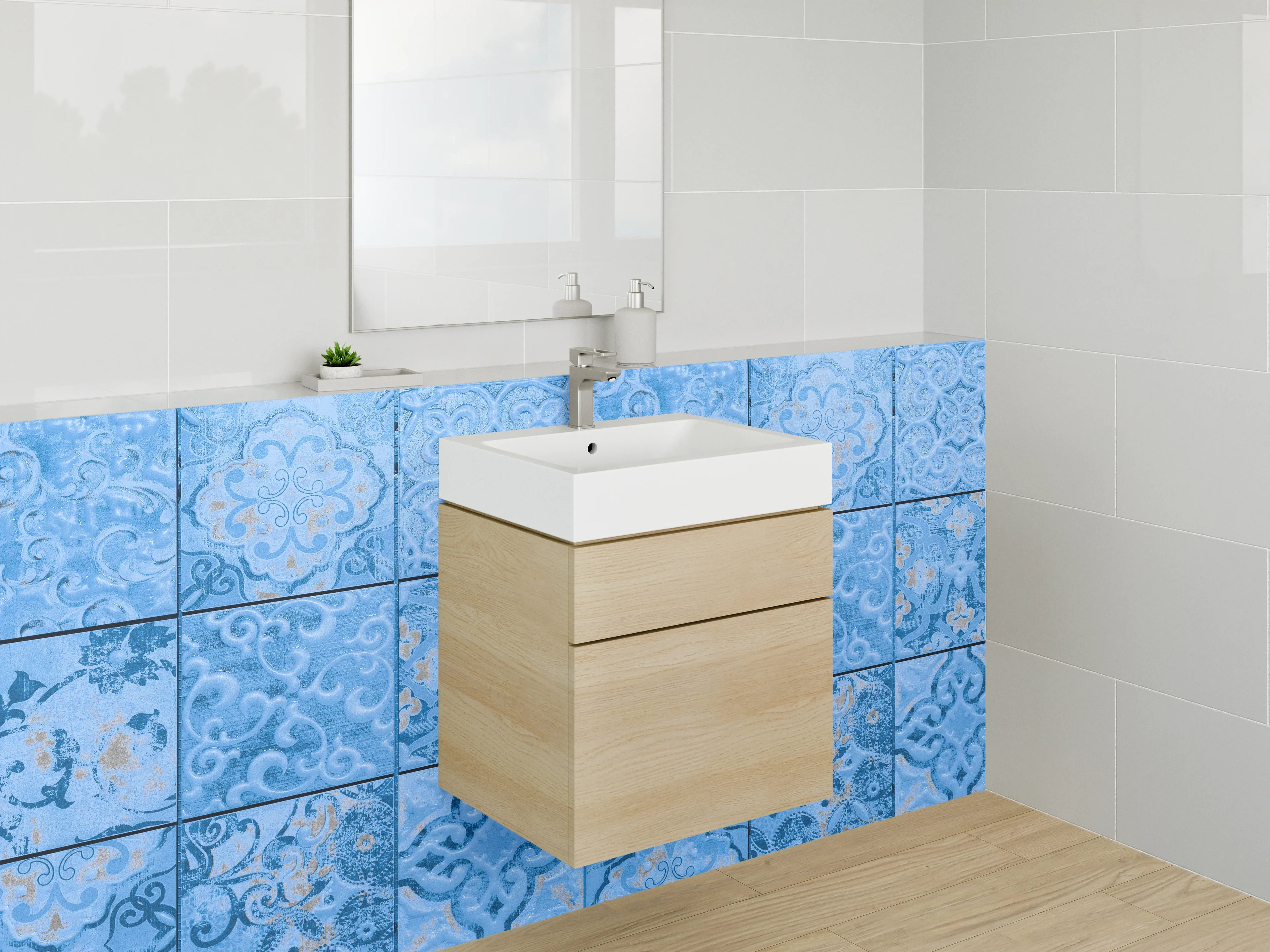 Waschbecken-Rückwand - Graublaue Retro-Fliesen mit weißen Mustern