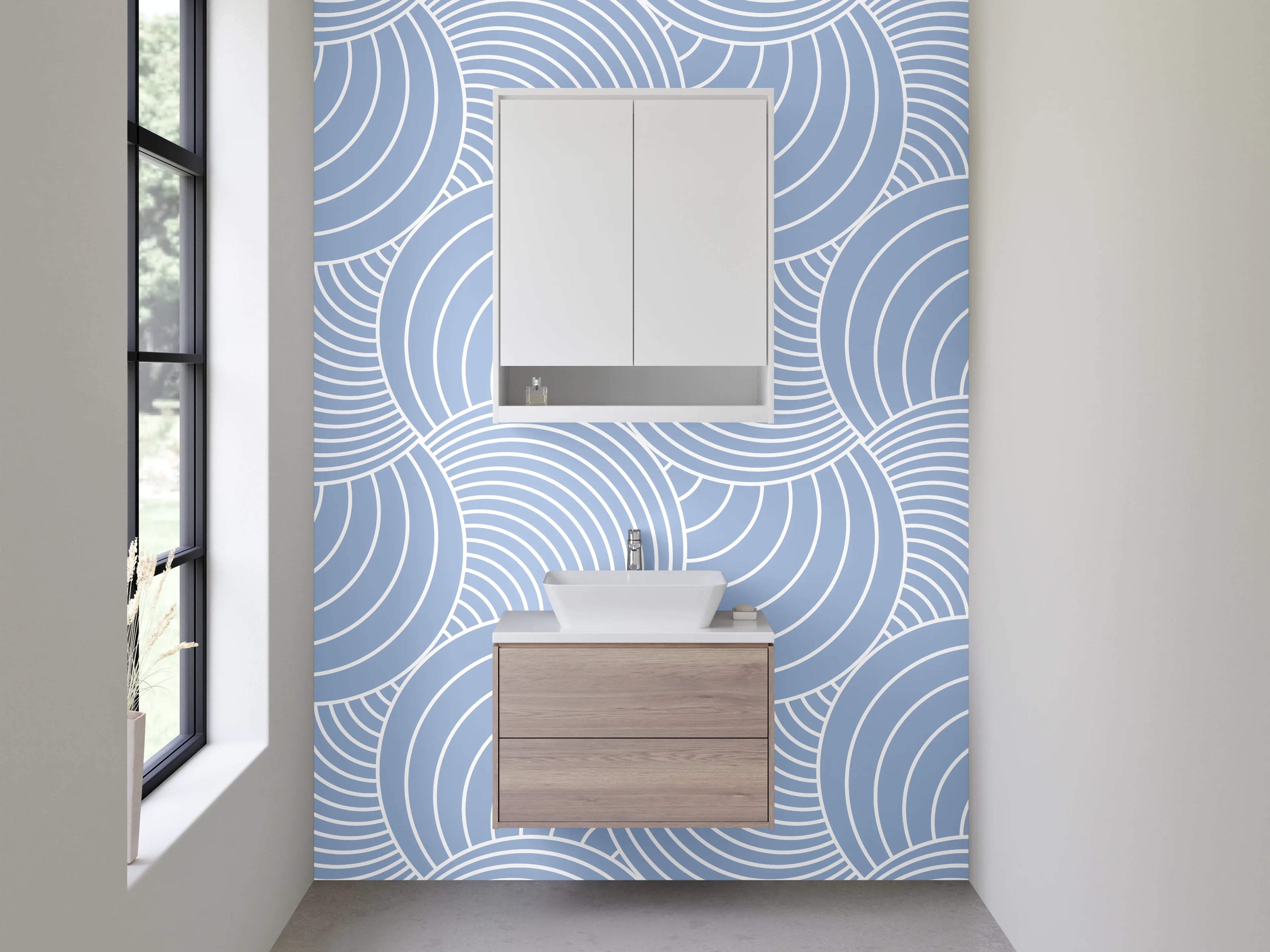 Waschbecken-Rückwand - Graublaue Wellenkunst auf Weiß