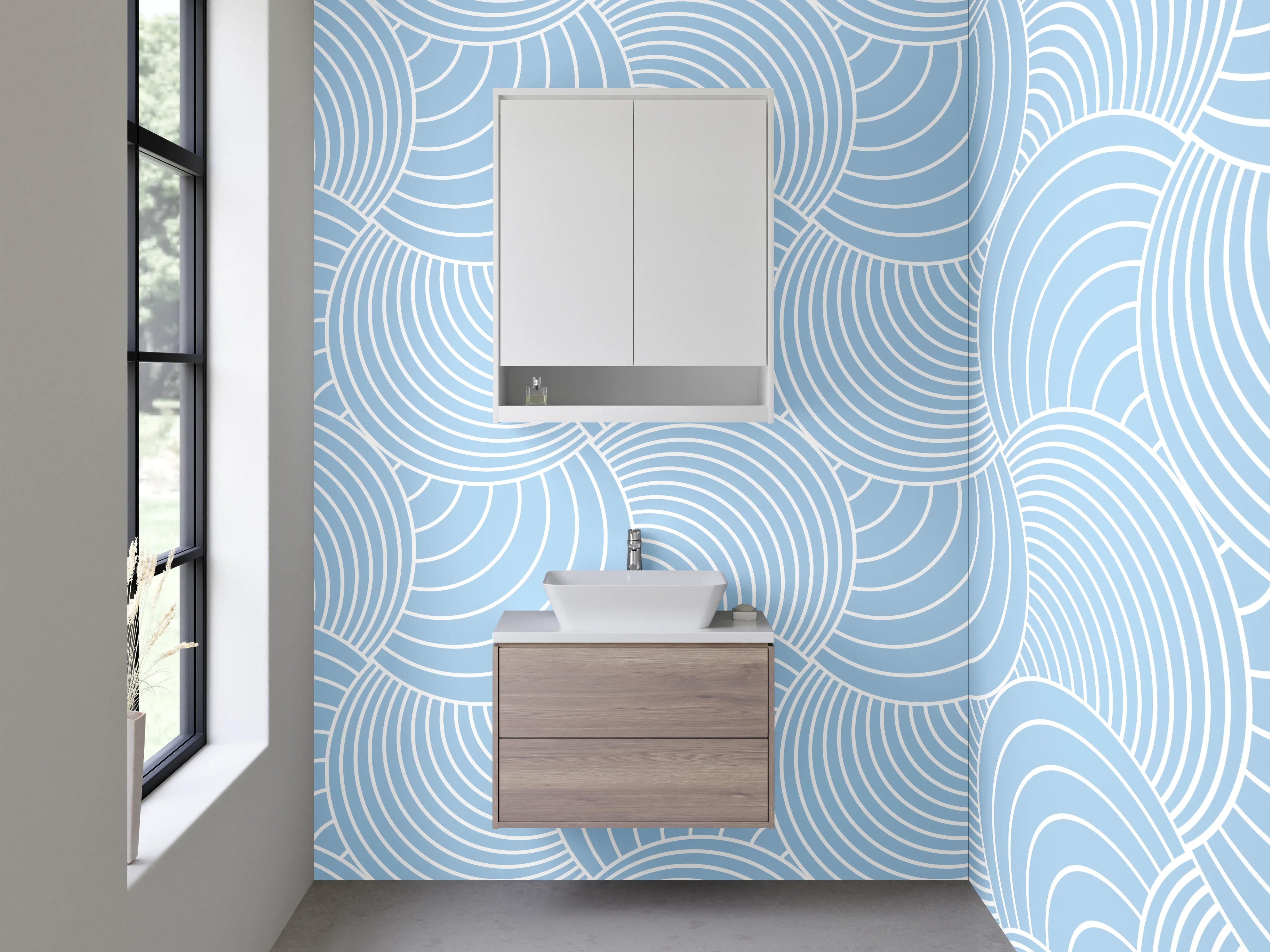 Waschbecken-Rückwand - Graublaue Wellenkunst im Zen-Stil