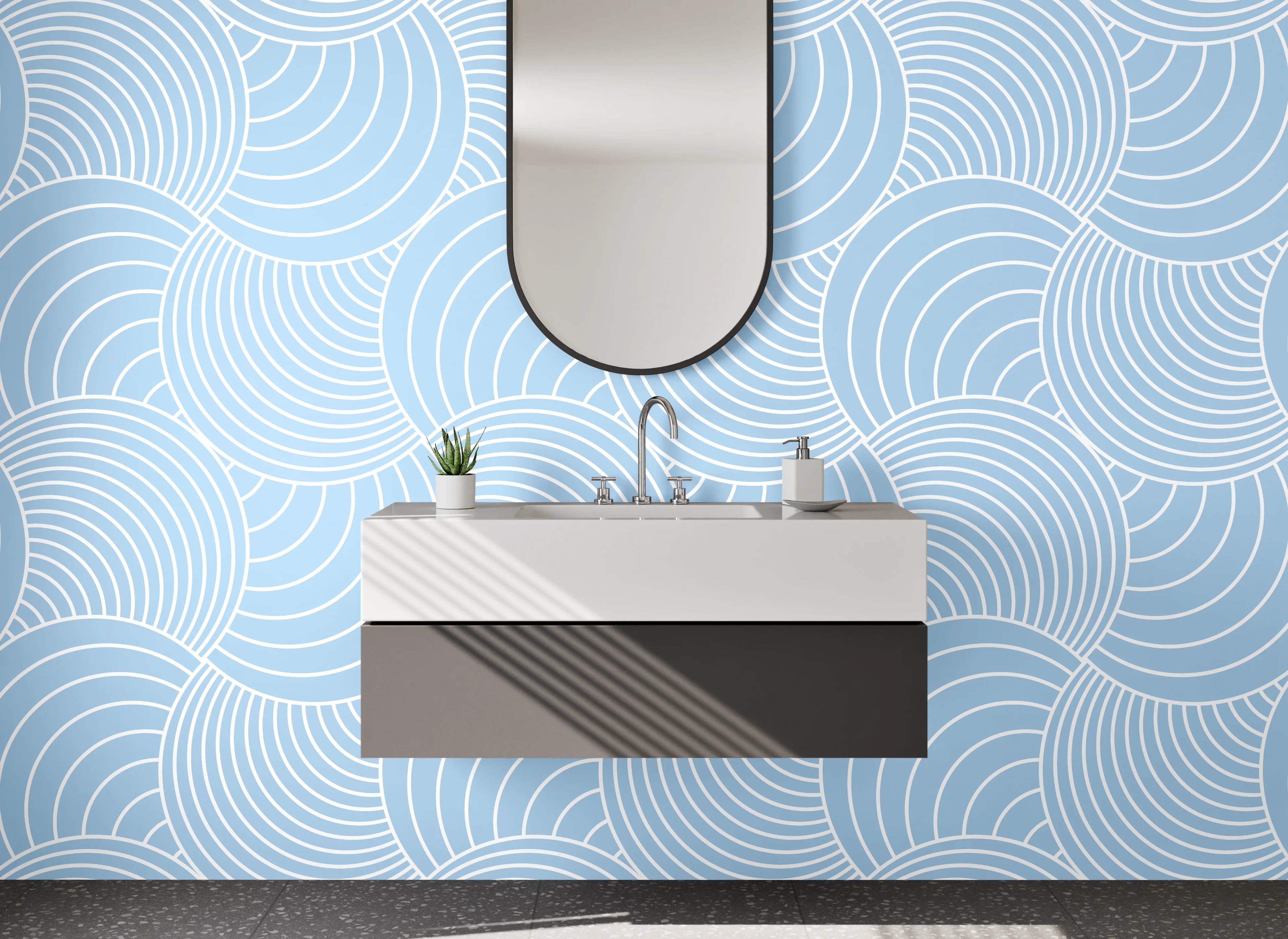 Waschbecken-Rückwand - Graublaue Wellenkunst im Zen-Stil