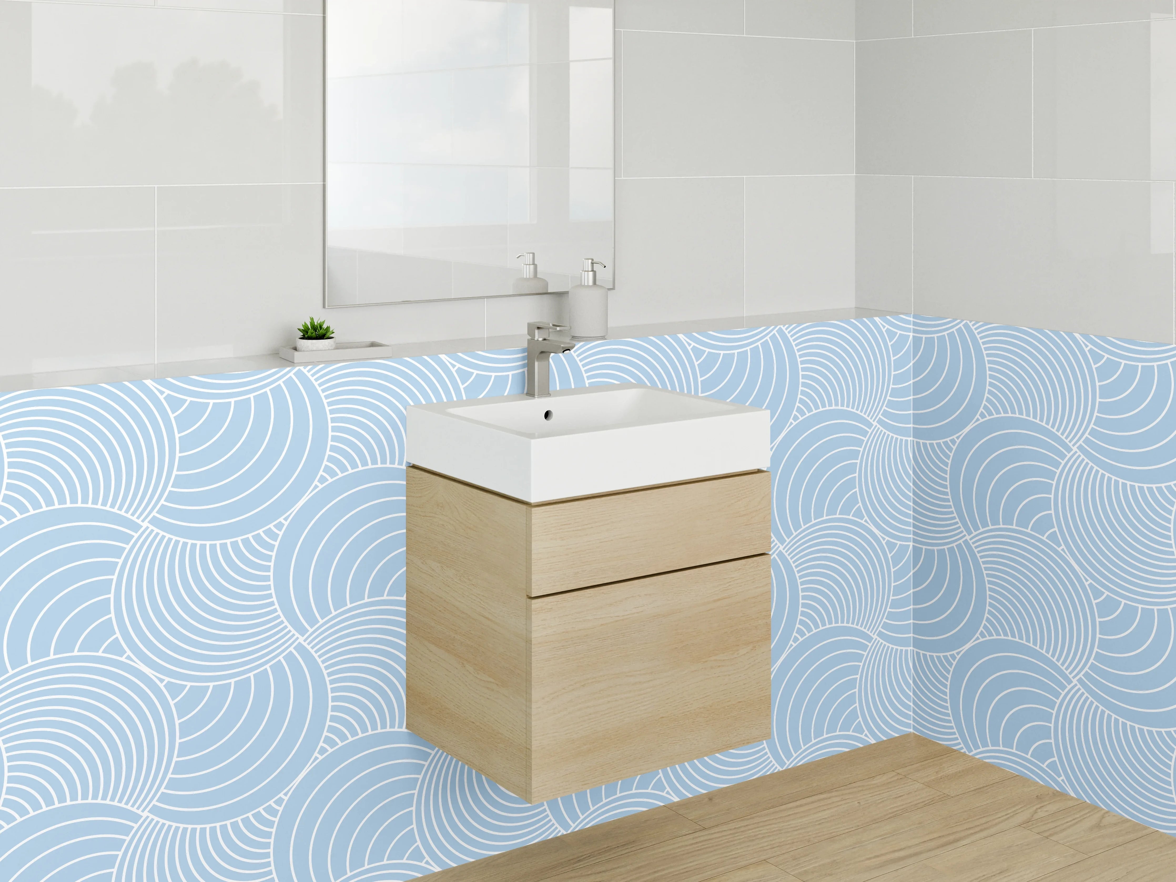 Waschbecken-Rückwand - Graublaue Wellenkunst im Zen-Stil