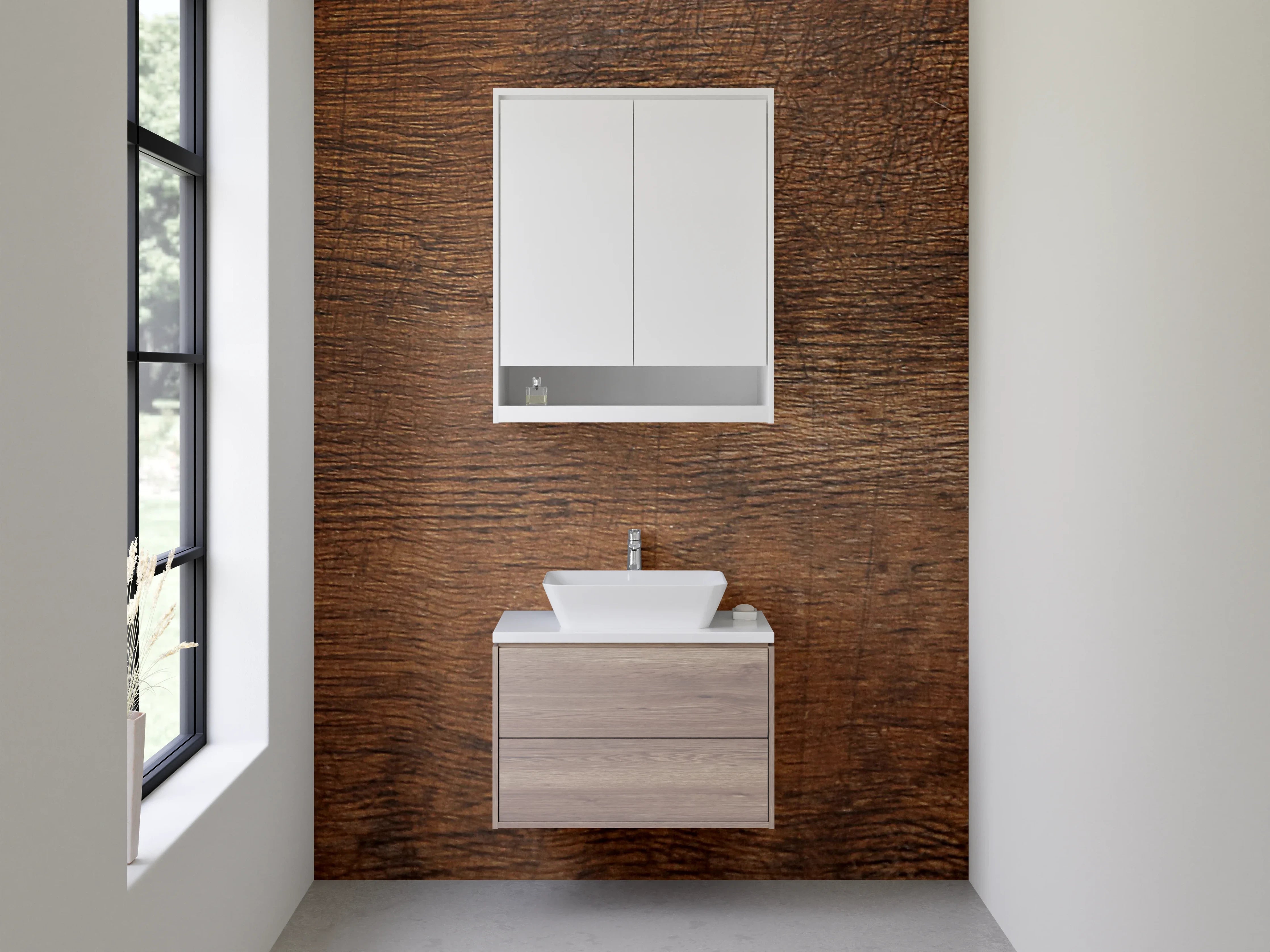 Waschbecken-Rückwand - Graubraune Holzoptik mit weißen Akzenten