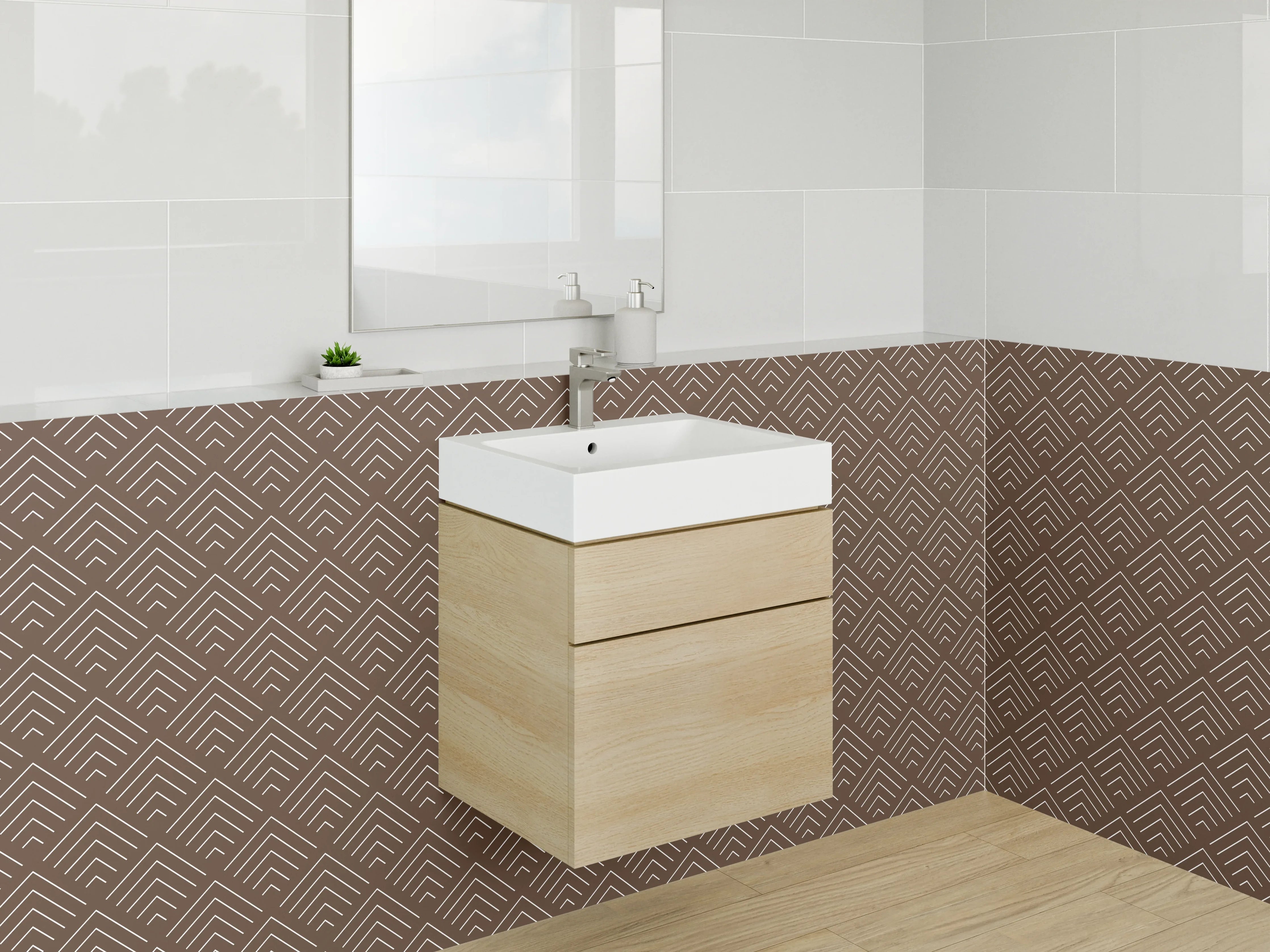 Waschbecken-Rückwand - Graubraune Vintage-Geometrie auf Weiß