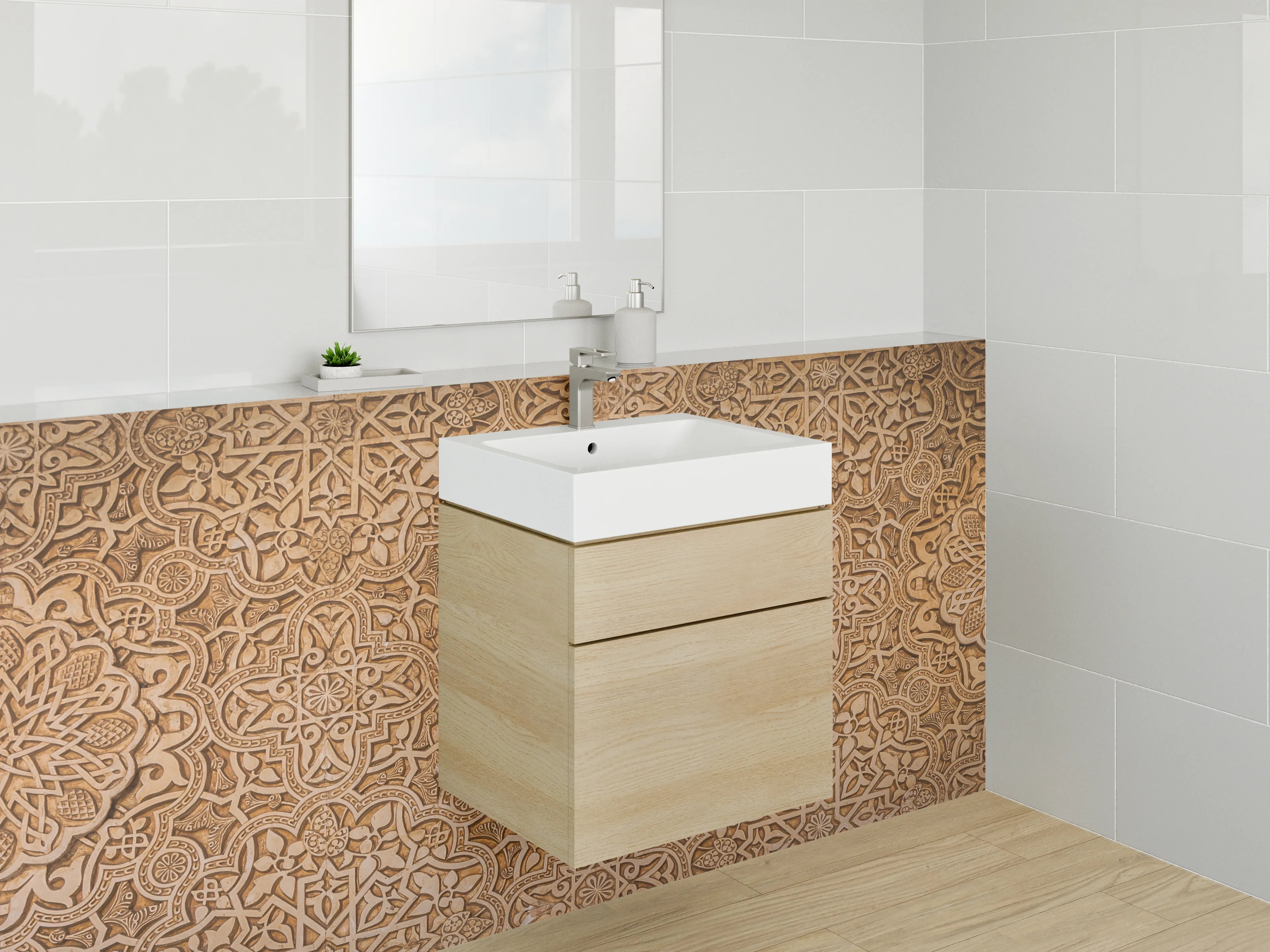 Waschbecken-Rückwand - Graubraunes Mosaik mit weißen Ornamenten