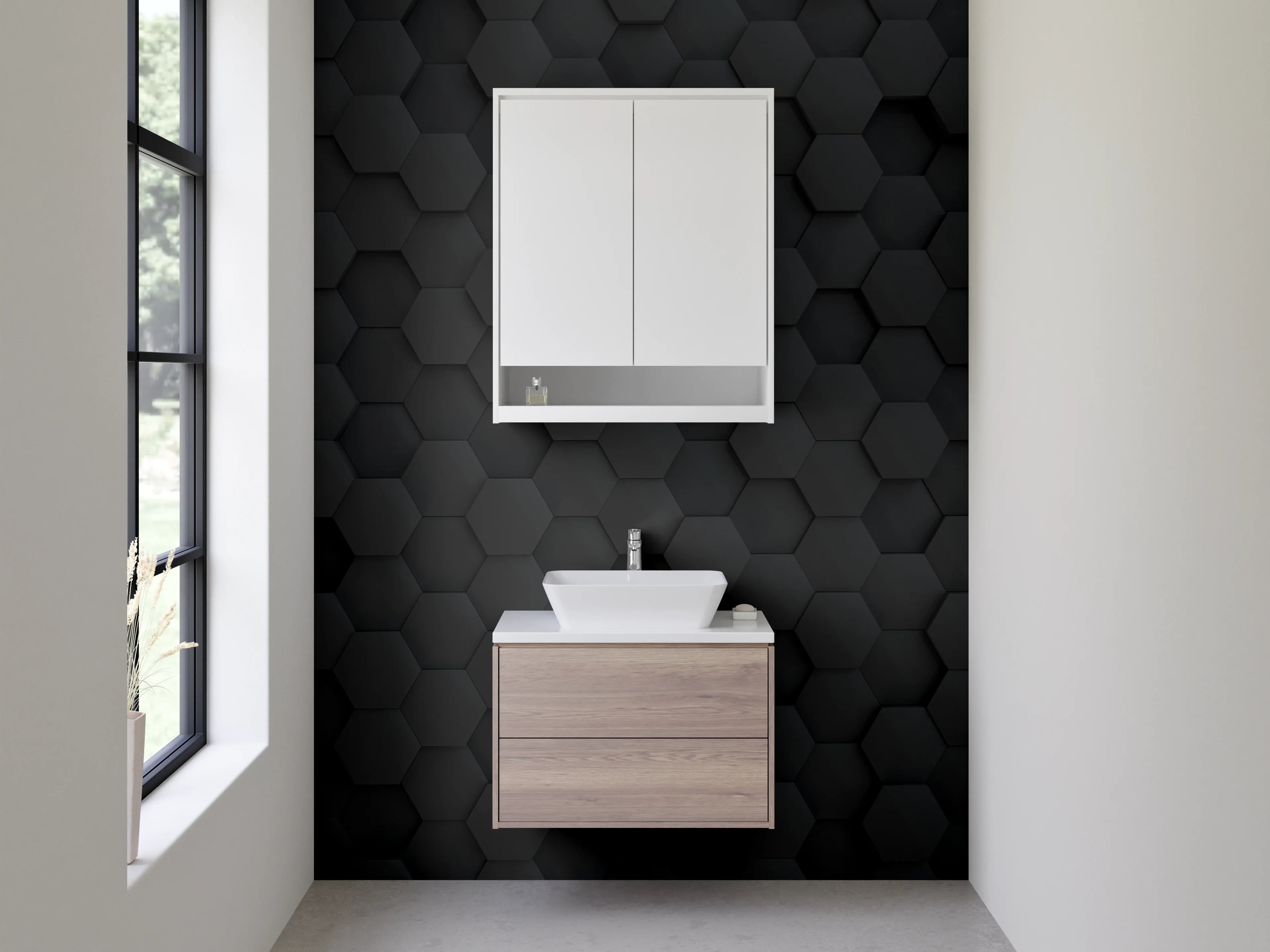 Waschbecken-Rückwand - Graue 3D-Hexagon-Struktur auf Weiß