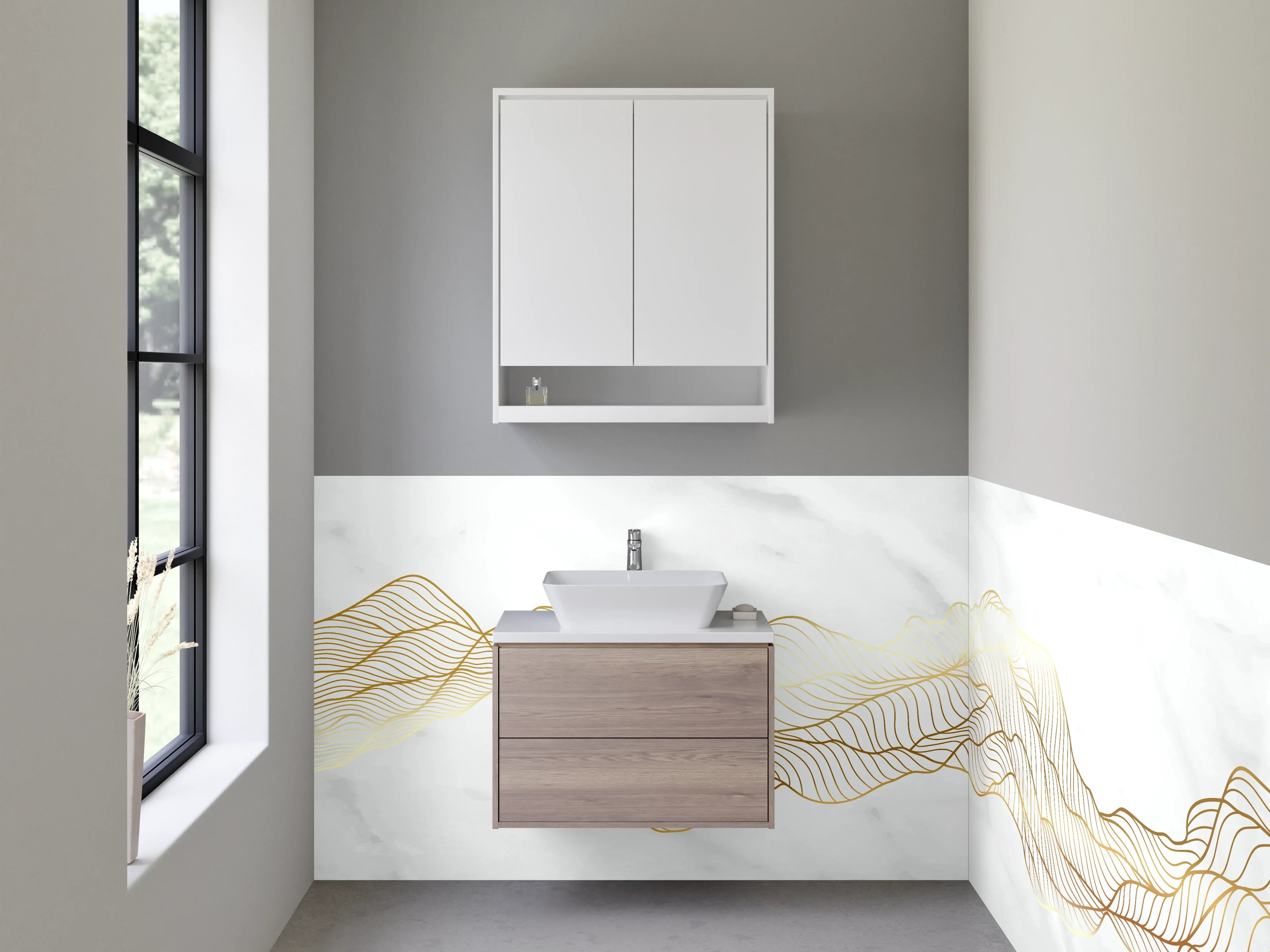 Waschbecken-Rückwand - Graue Akzente auf goldener Marmorlinie