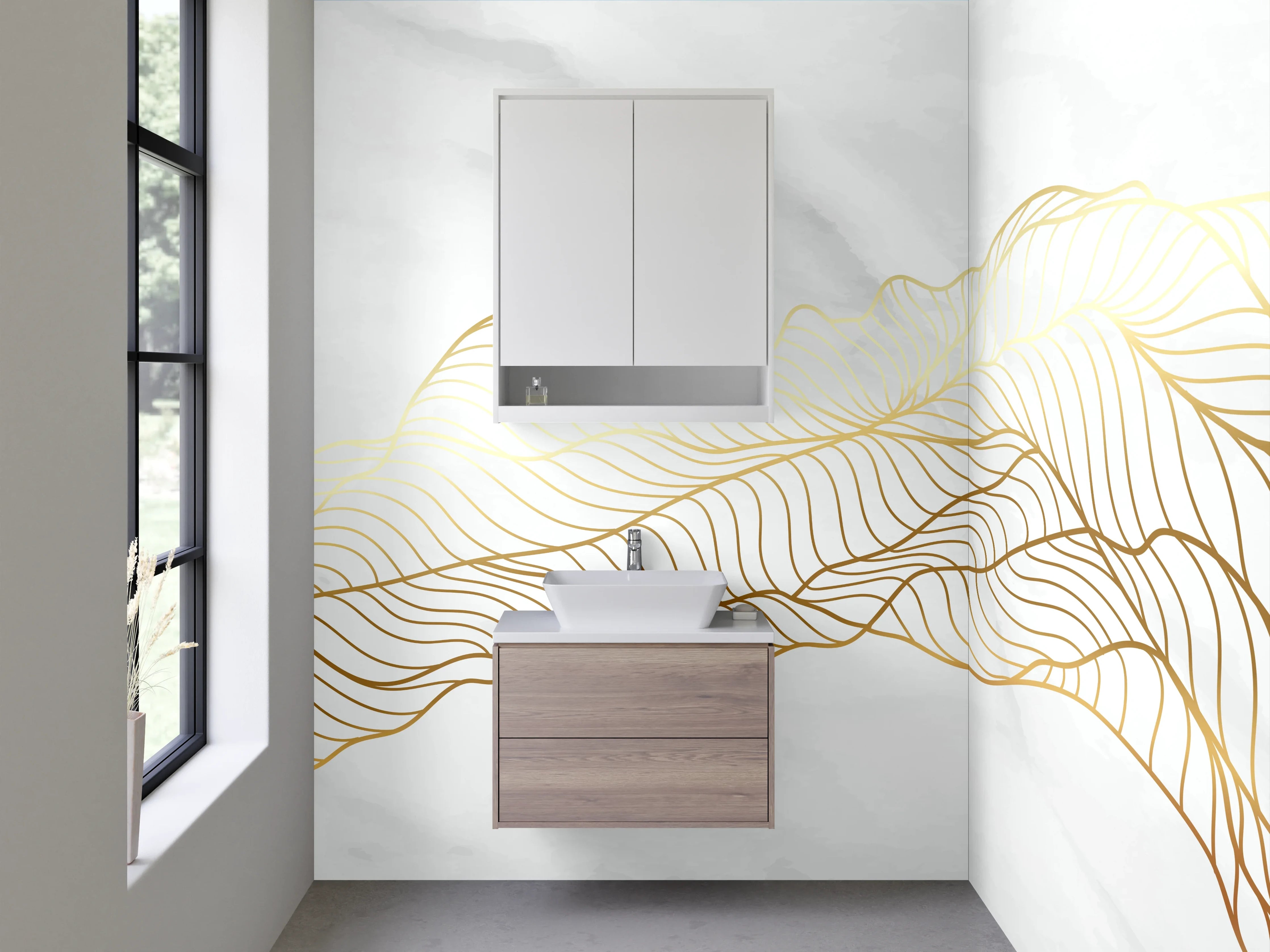 Waschbecken-Rückwand - Graue Akzente auf goldener Marmorlinie
