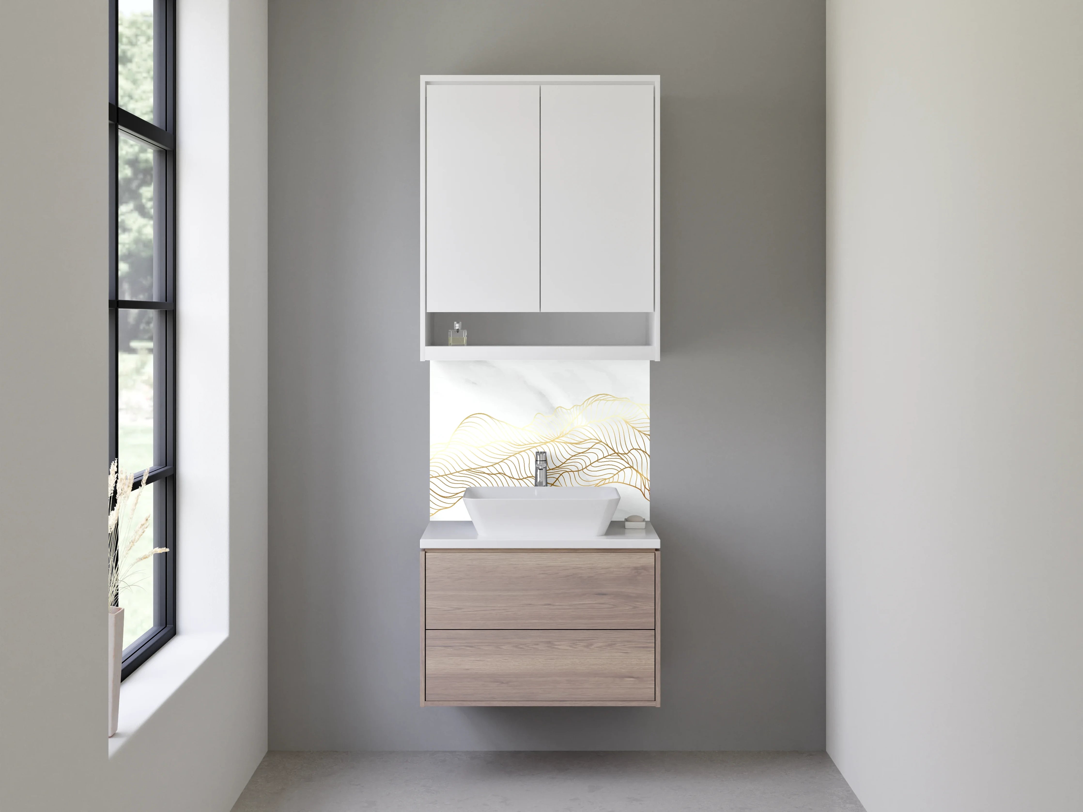 Waschbecken-Rückwand - Graue Akzente auf goldener Marmorlinie