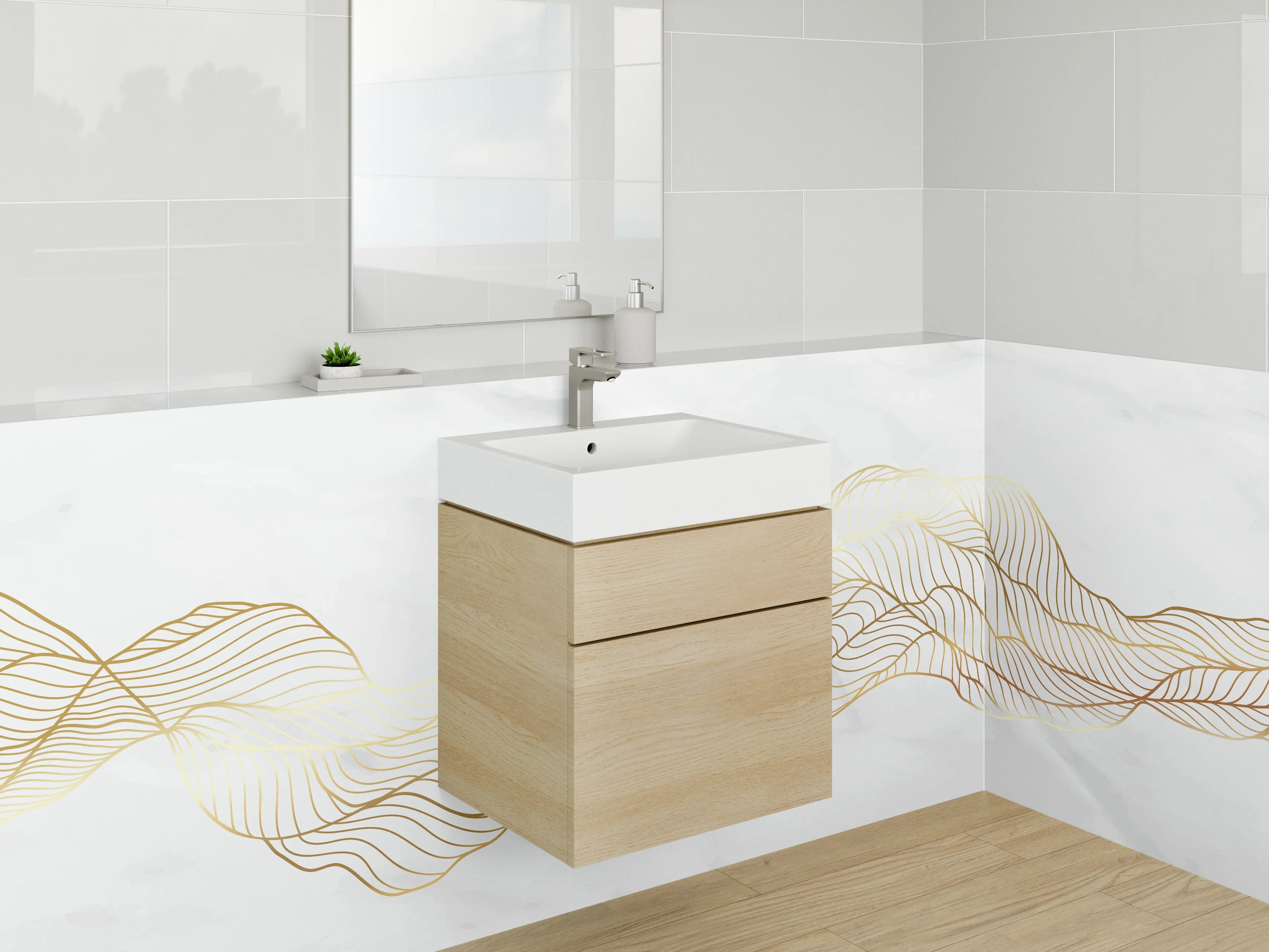 Waschbecken-Rückwand - Graue Akzente auf goldener Marmorlinie