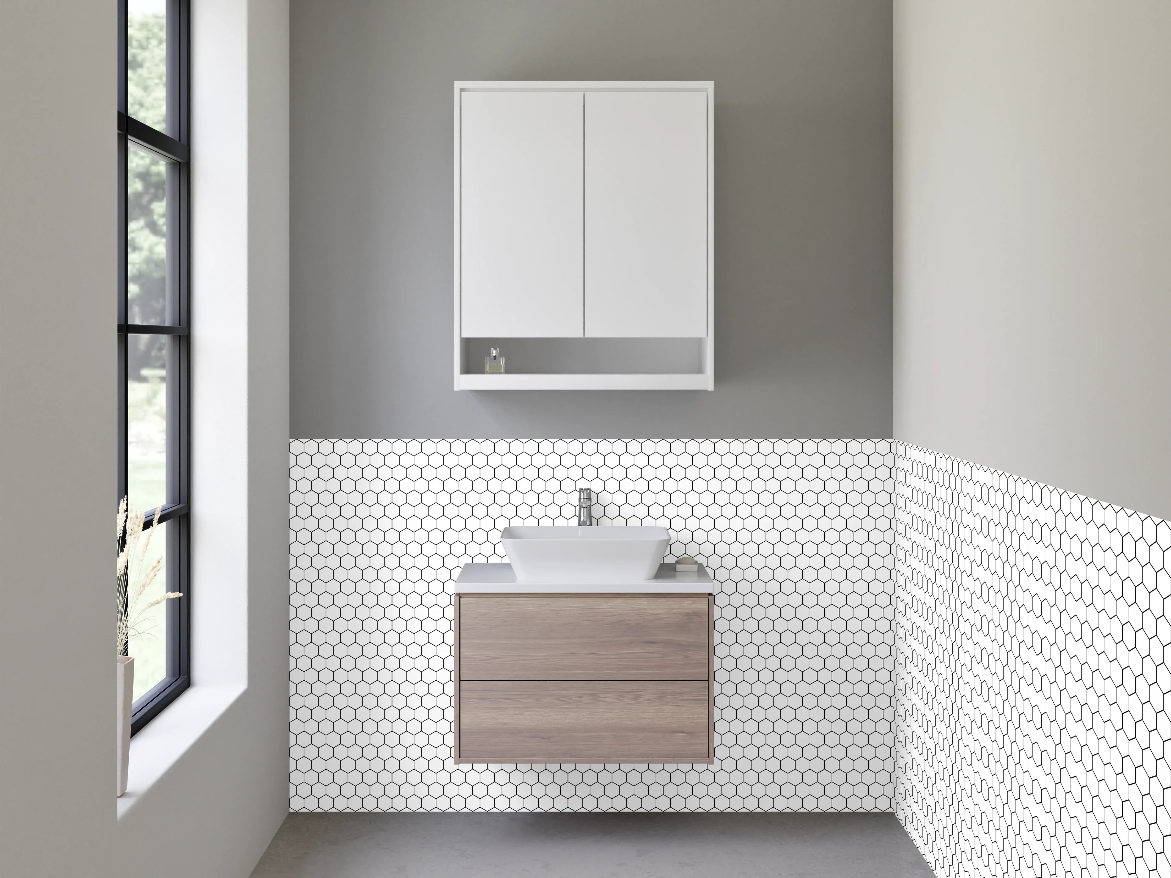 Waschbecken-Rückwand - Graue Akzente auf weißem Hexagon