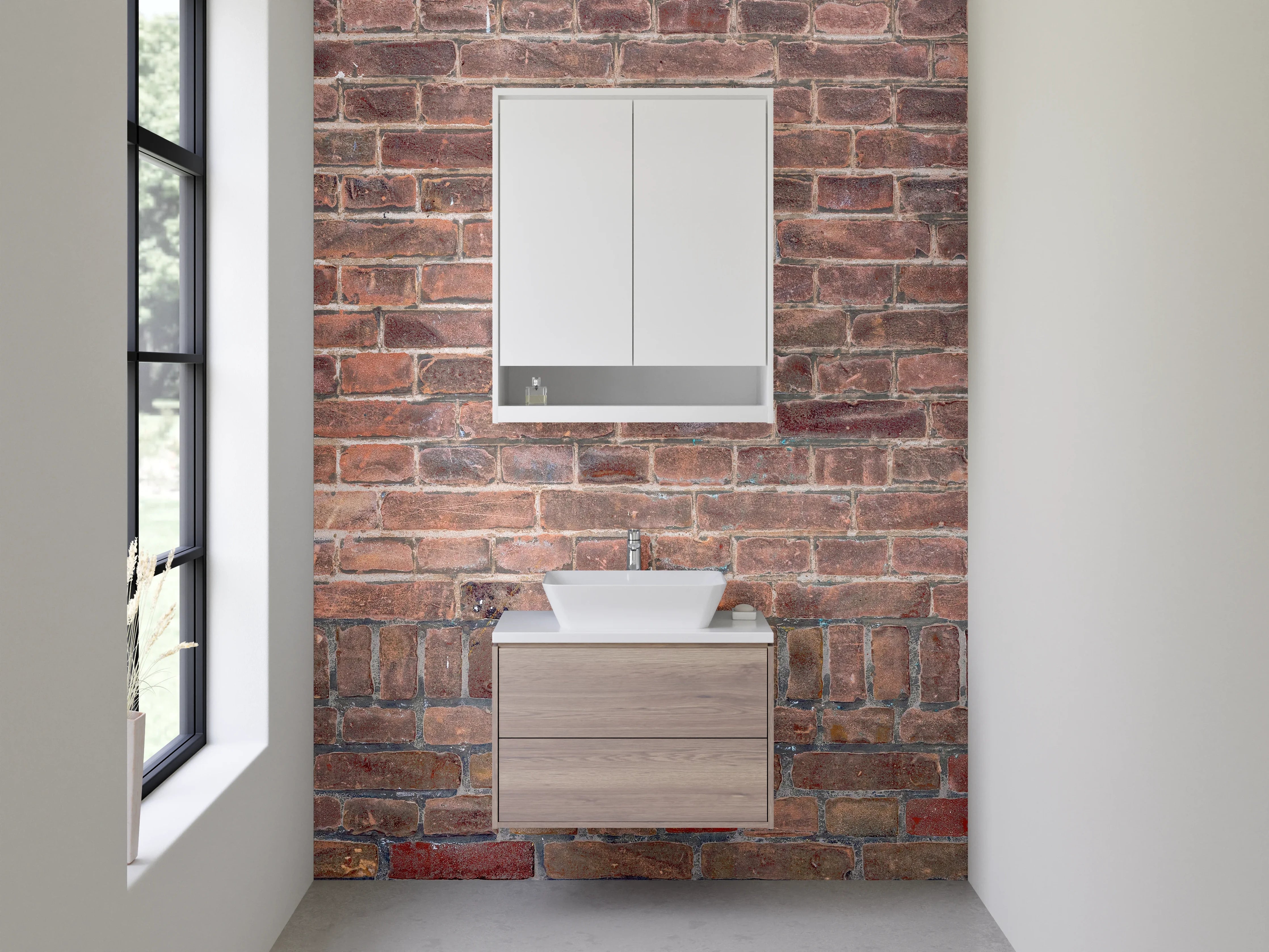 Waschbecken-Rückwand - Graue Backsteinstruktur mit weißen Akzenten