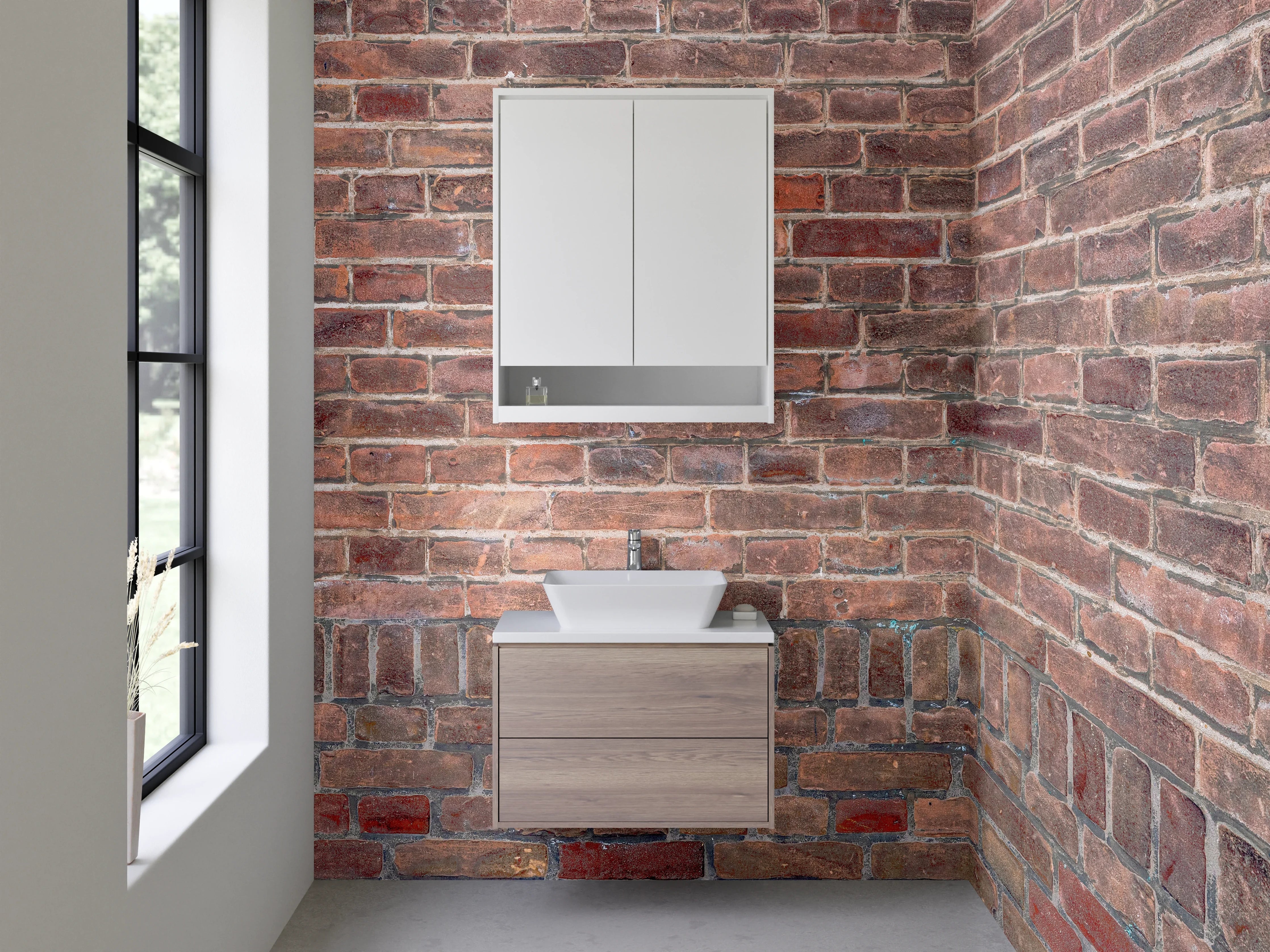 Waschbecken-Rückwand - Graue Backsteinstruktur mit weißen Akzenten