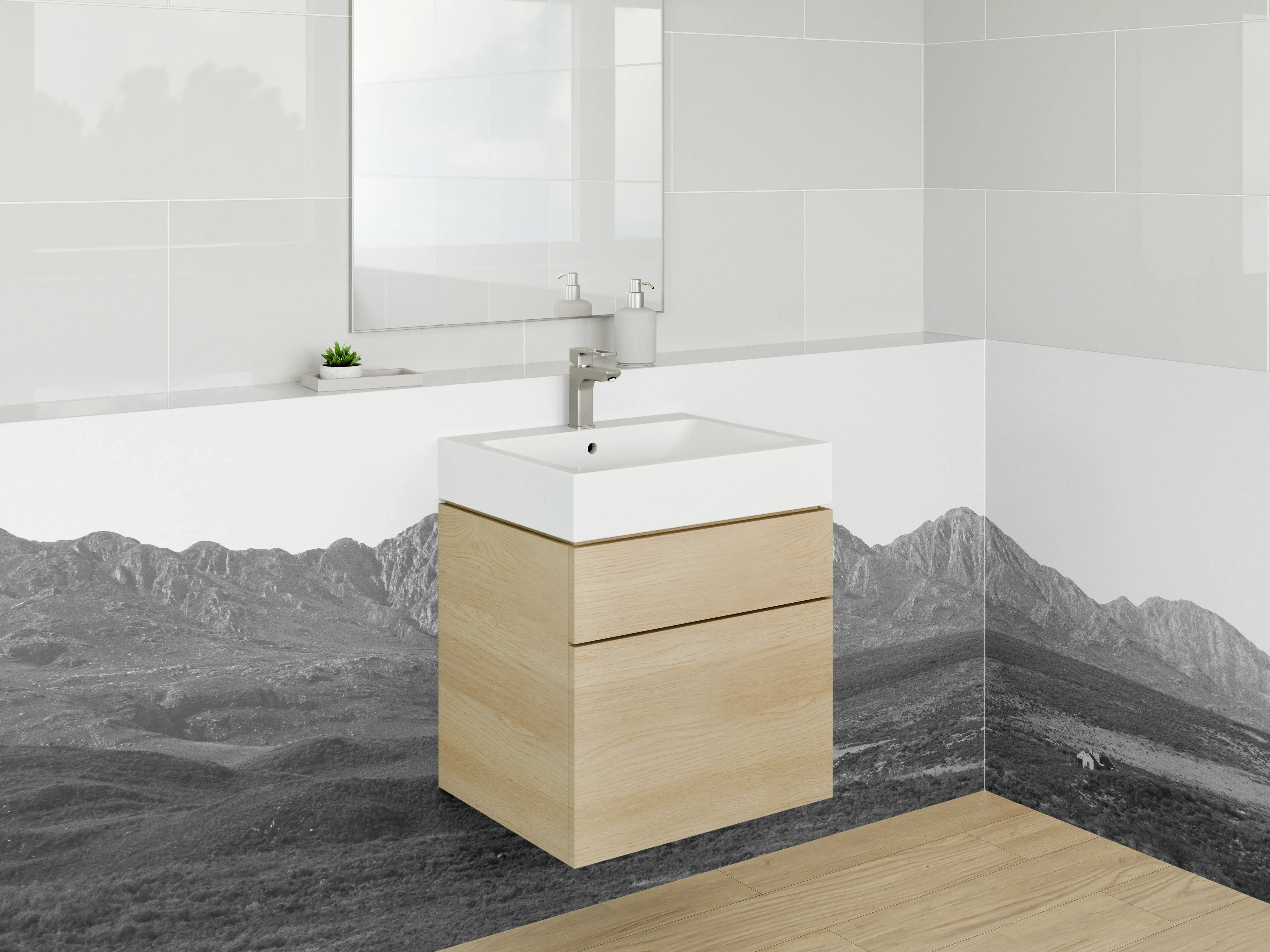 Waschbecken-Rückwand - Graue Bergwelt im Weiß