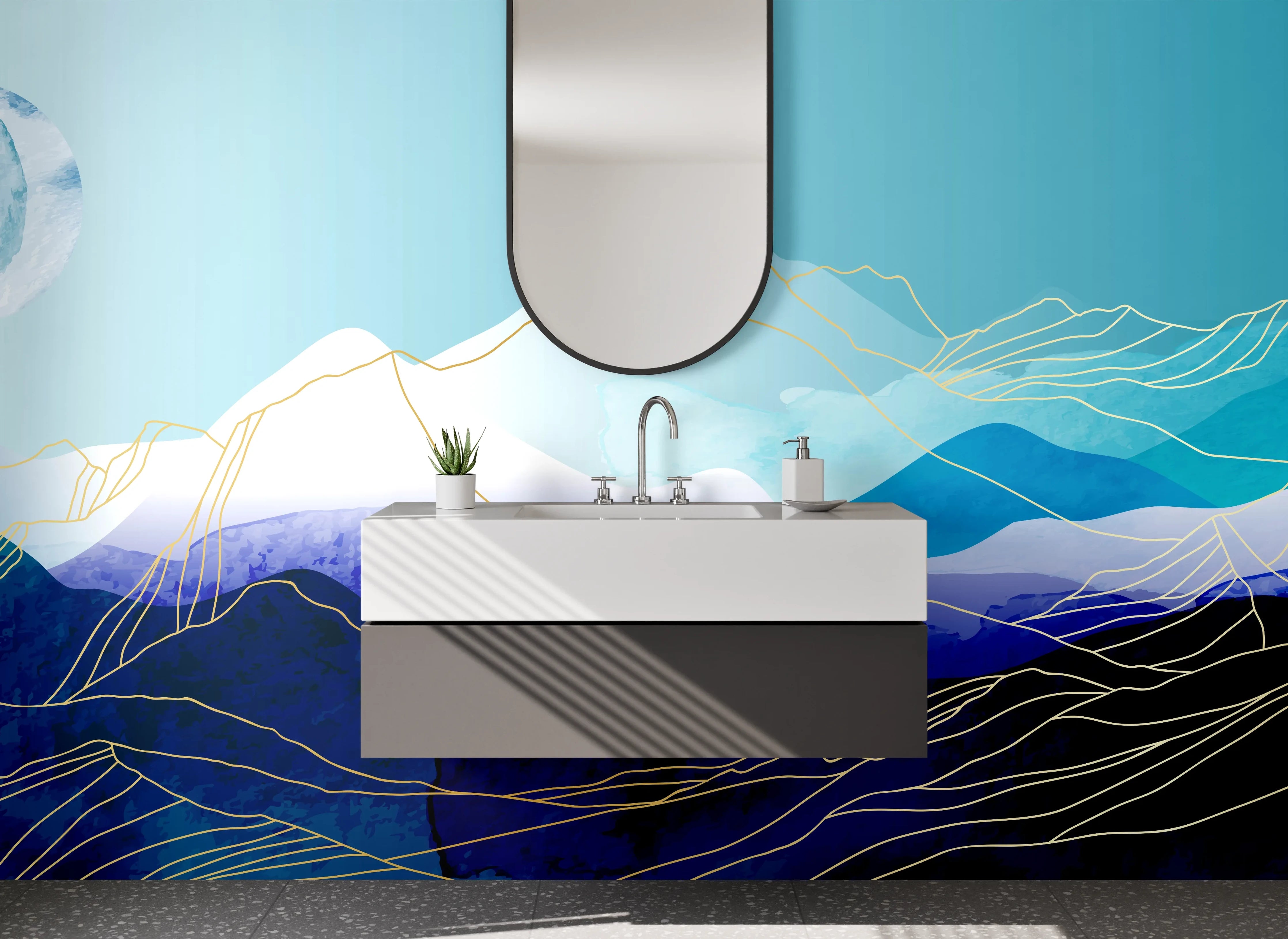 Waschbecken-Rückwand - Graue Bergwelt in Blau und Gold