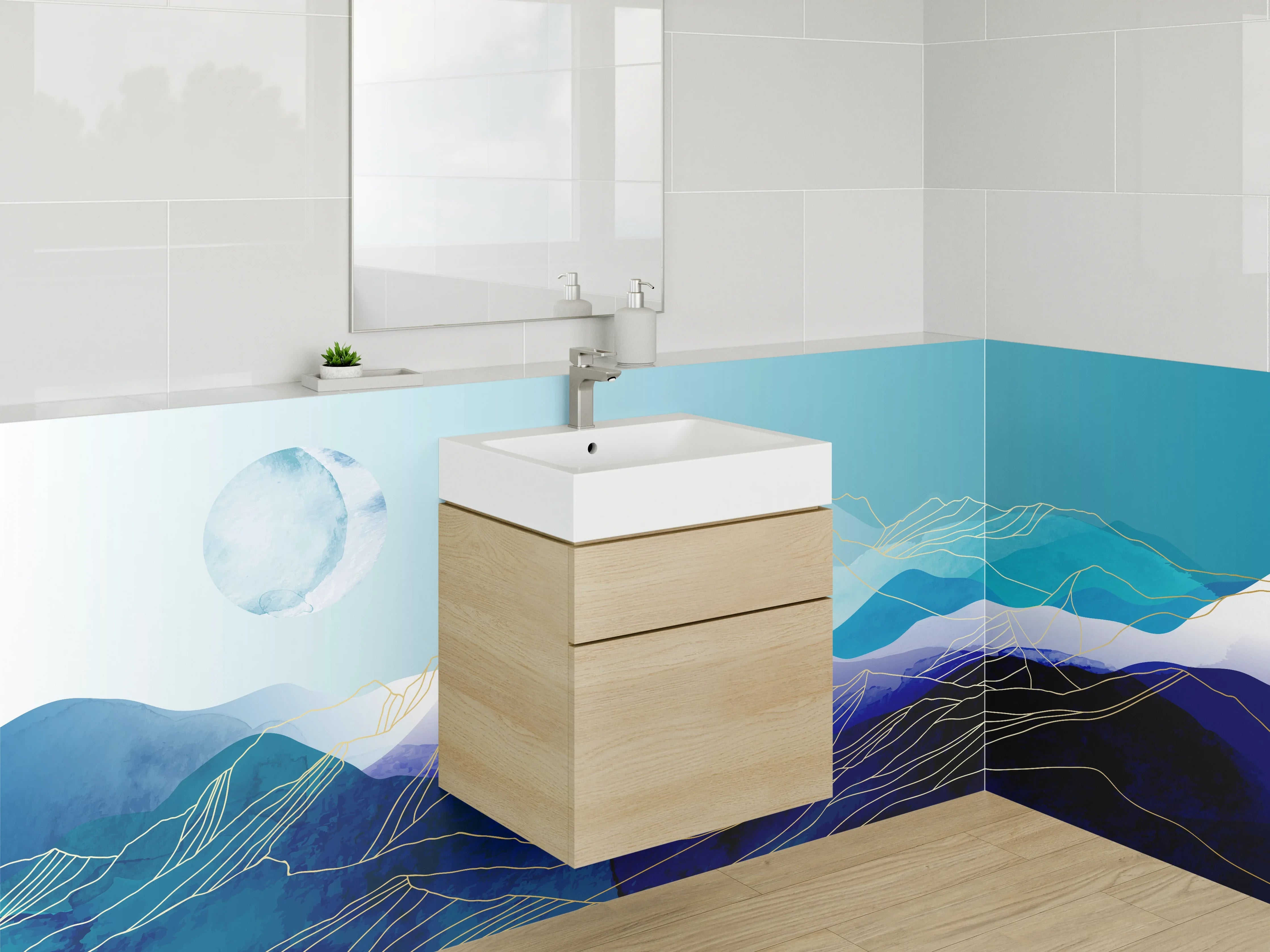 Waschbecken-Rückwand - Graue Bergwelt in Blau und Gold