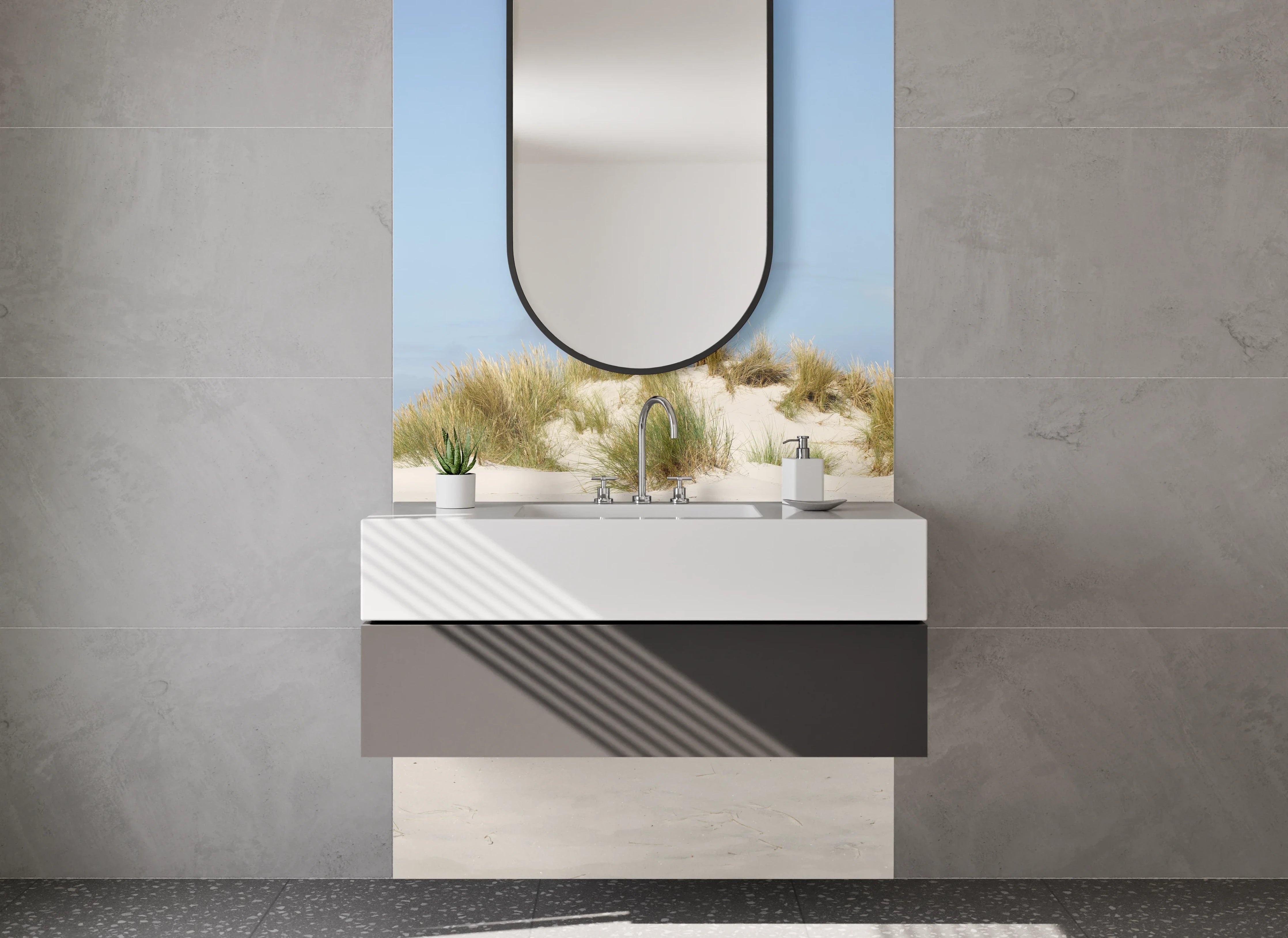 Waschbecken-Rückwand - Graue Dünen am Leuchtturm