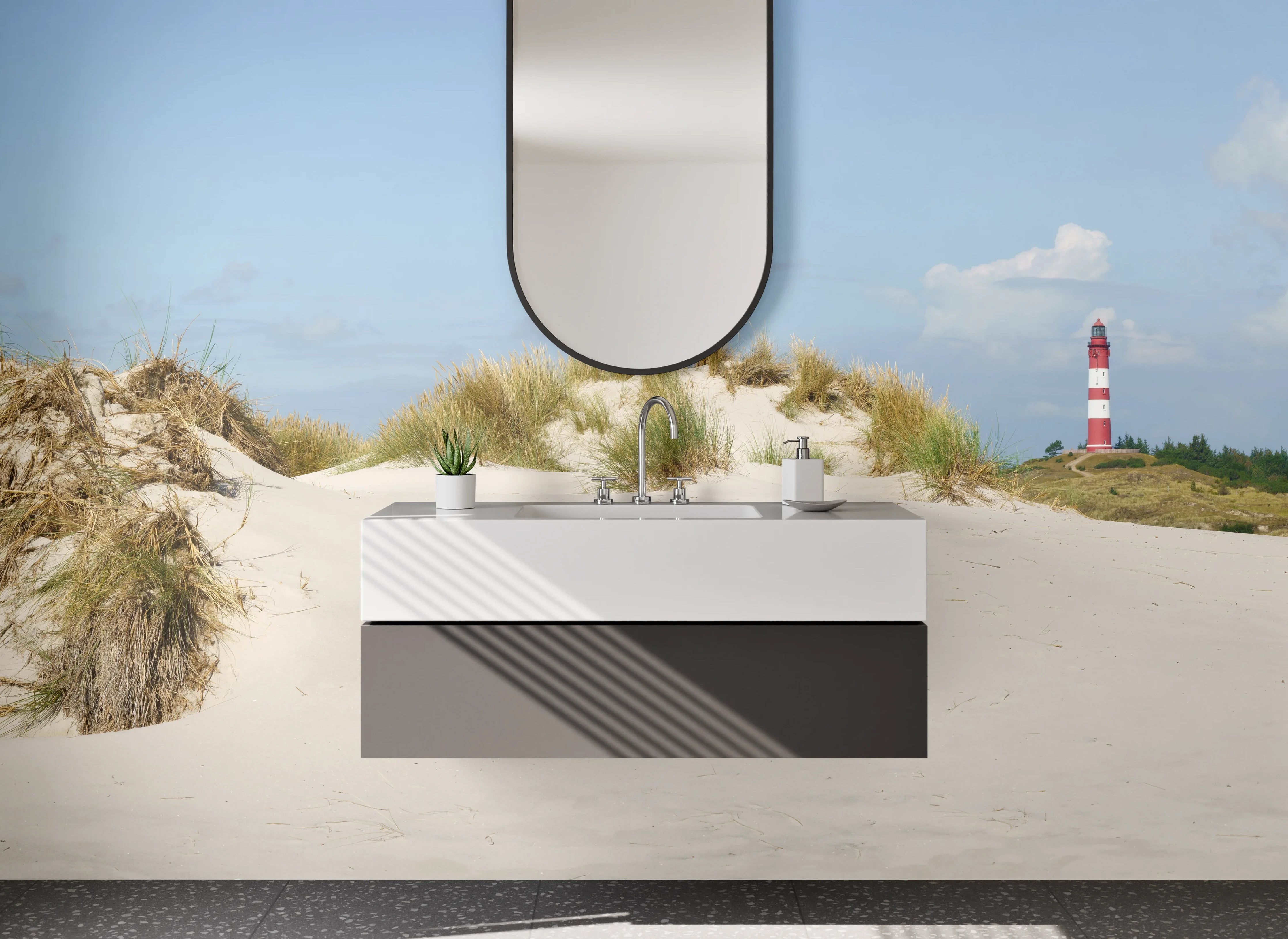Waschbecken-Rückwand - Graue Dünen am Leuchtturm