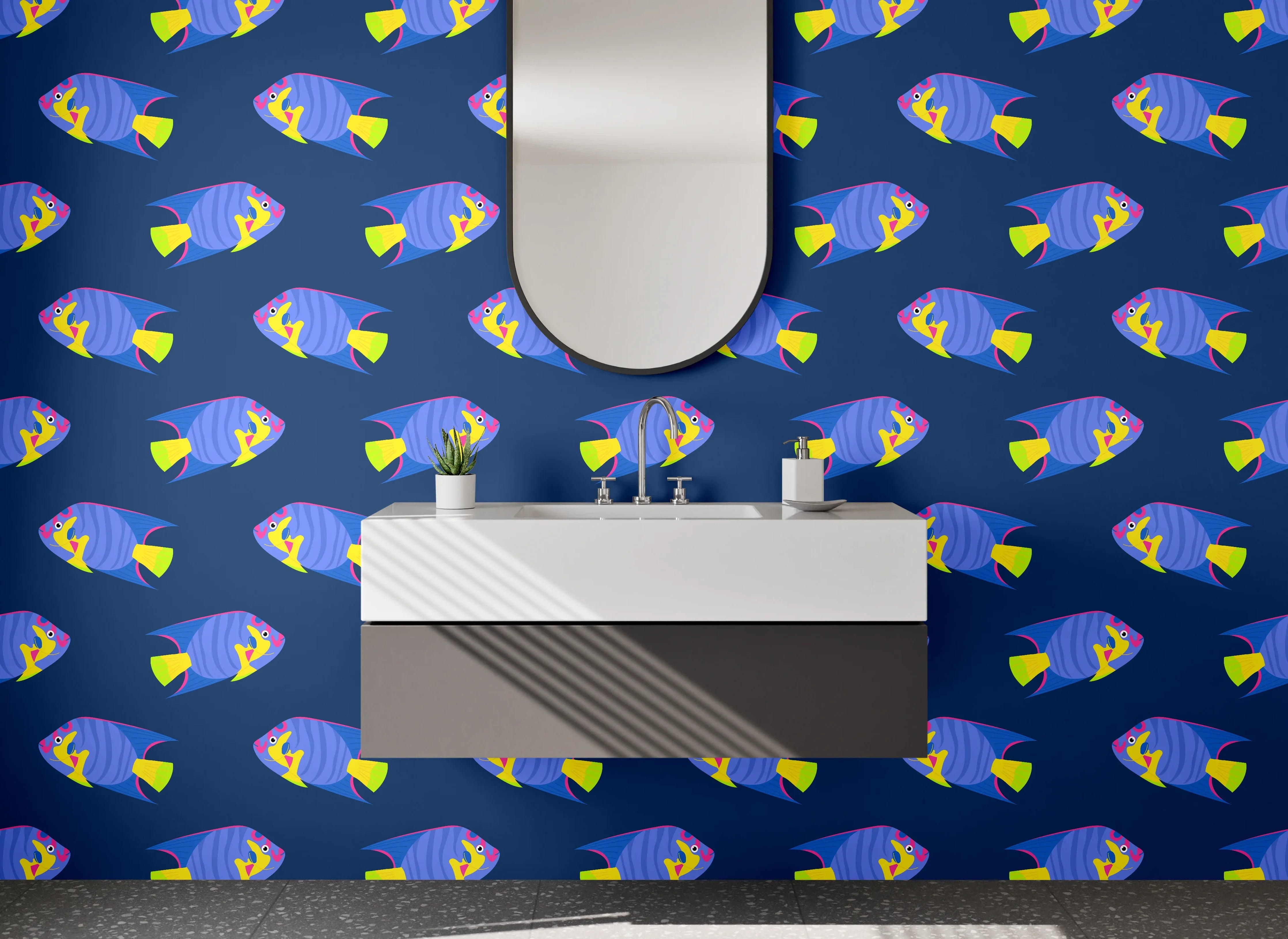 Waschbecken-Rückwand - Graue Fischmuster auf dunklem Grund