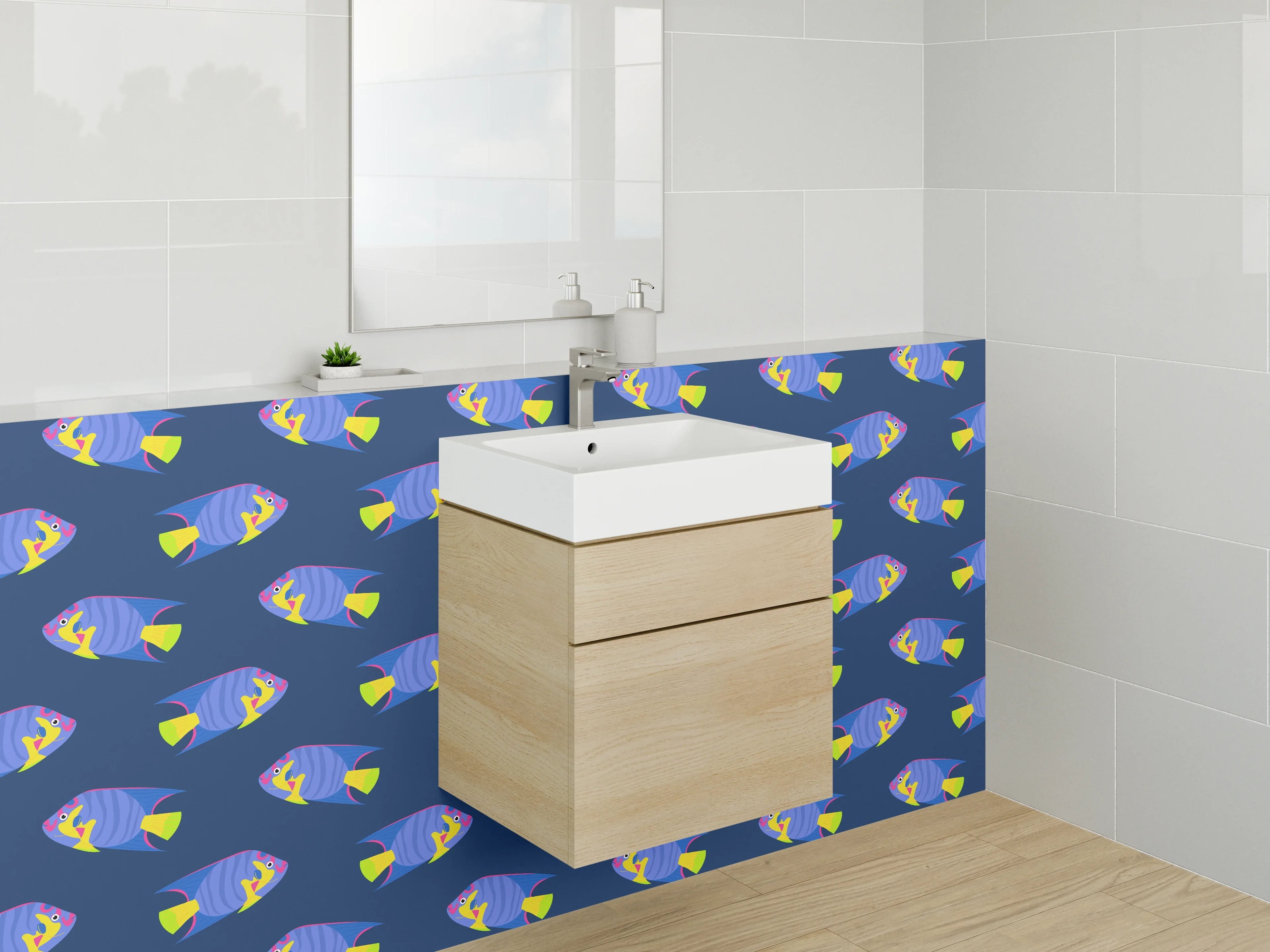 Waschbecken-Rückwand - Graue Fischmuster auf dunklem Grund
