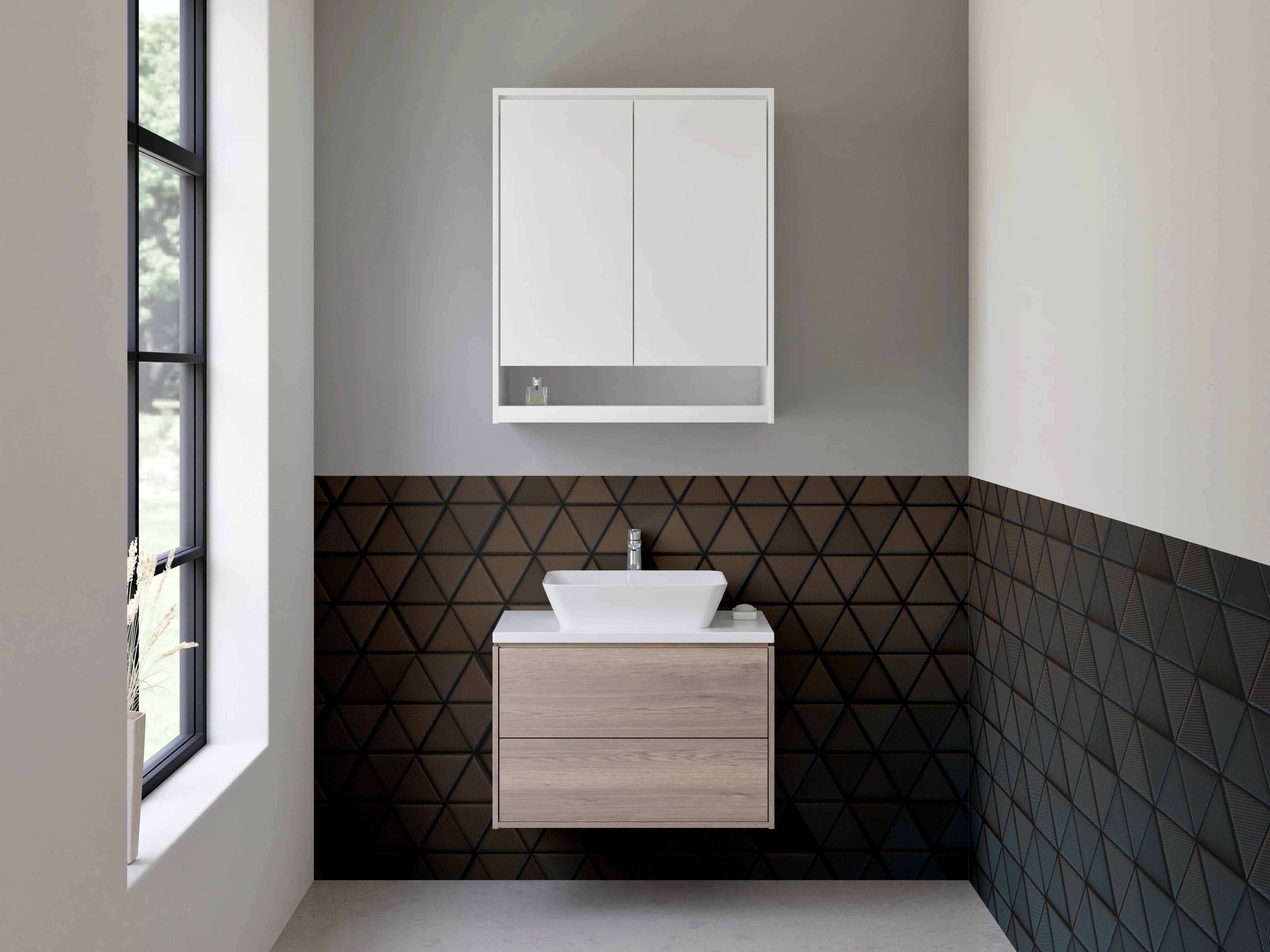 Waschbecken-Rückwand - Graue Geometrie an Wänden