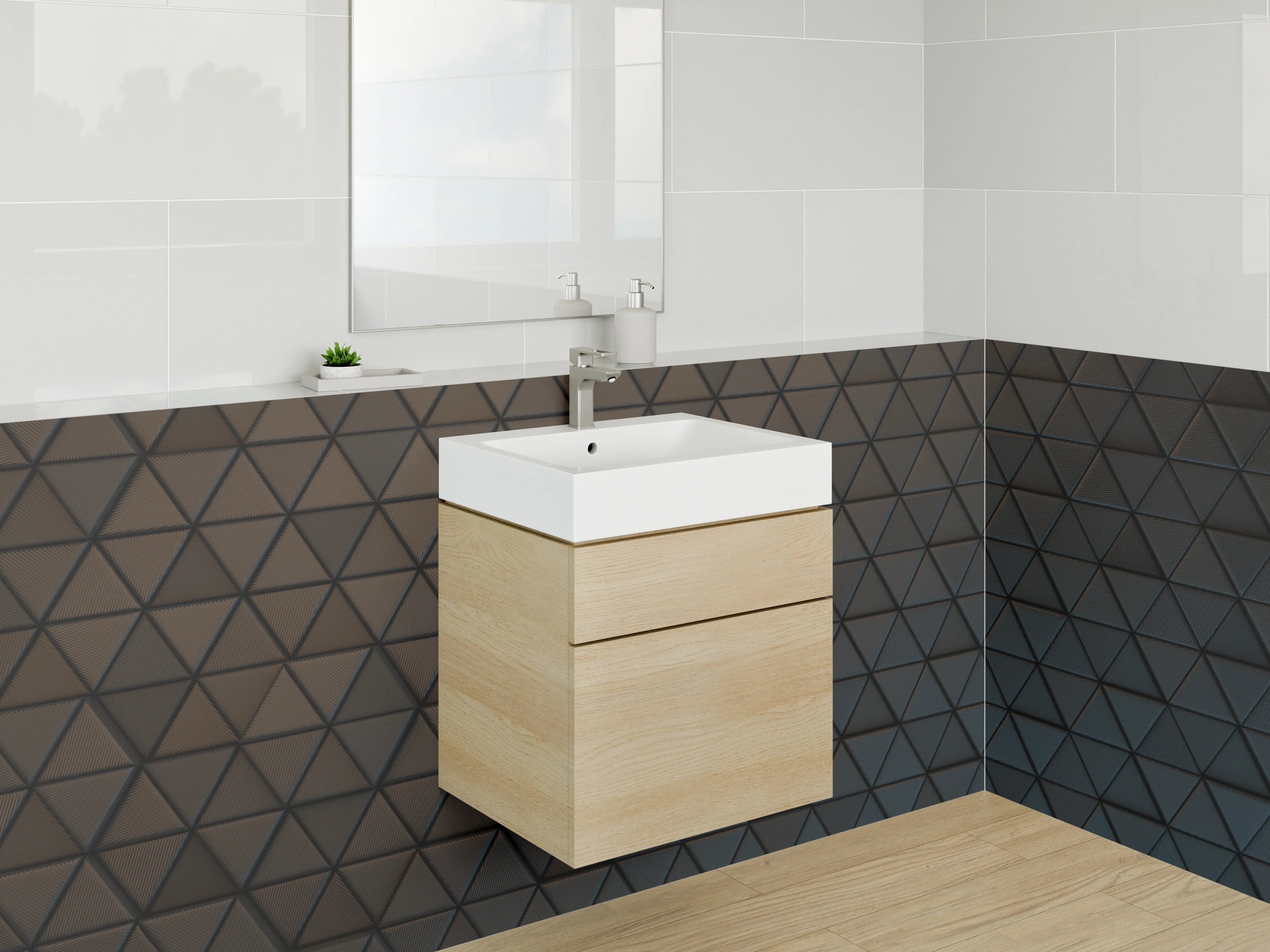Waschbecken-Rückwand - Graue Geometrie an Wänden